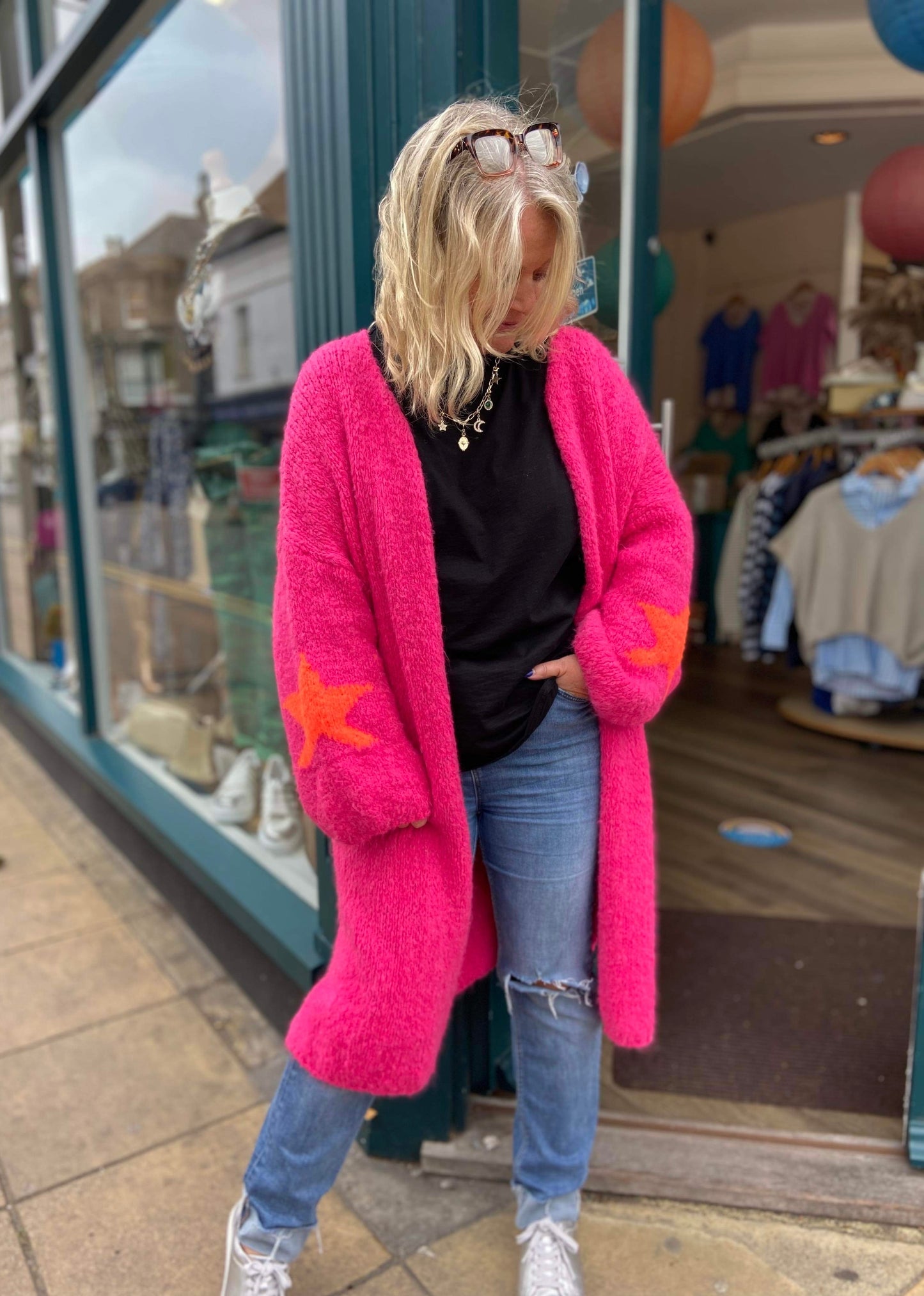 Katya Mohair Mix Long Star Cuff Cardigan - Cerise Pink & Orange