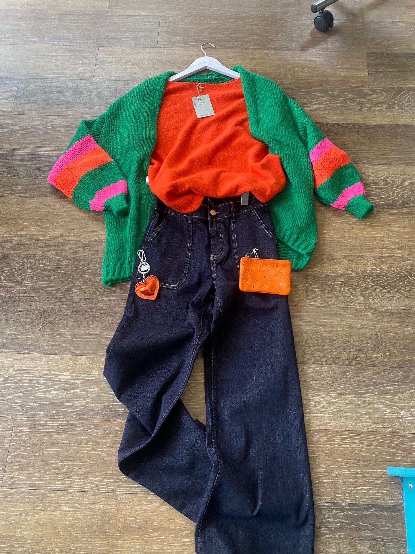 Kelly Green Chunky Knit Cardigan With Multi Stripe Cuffs