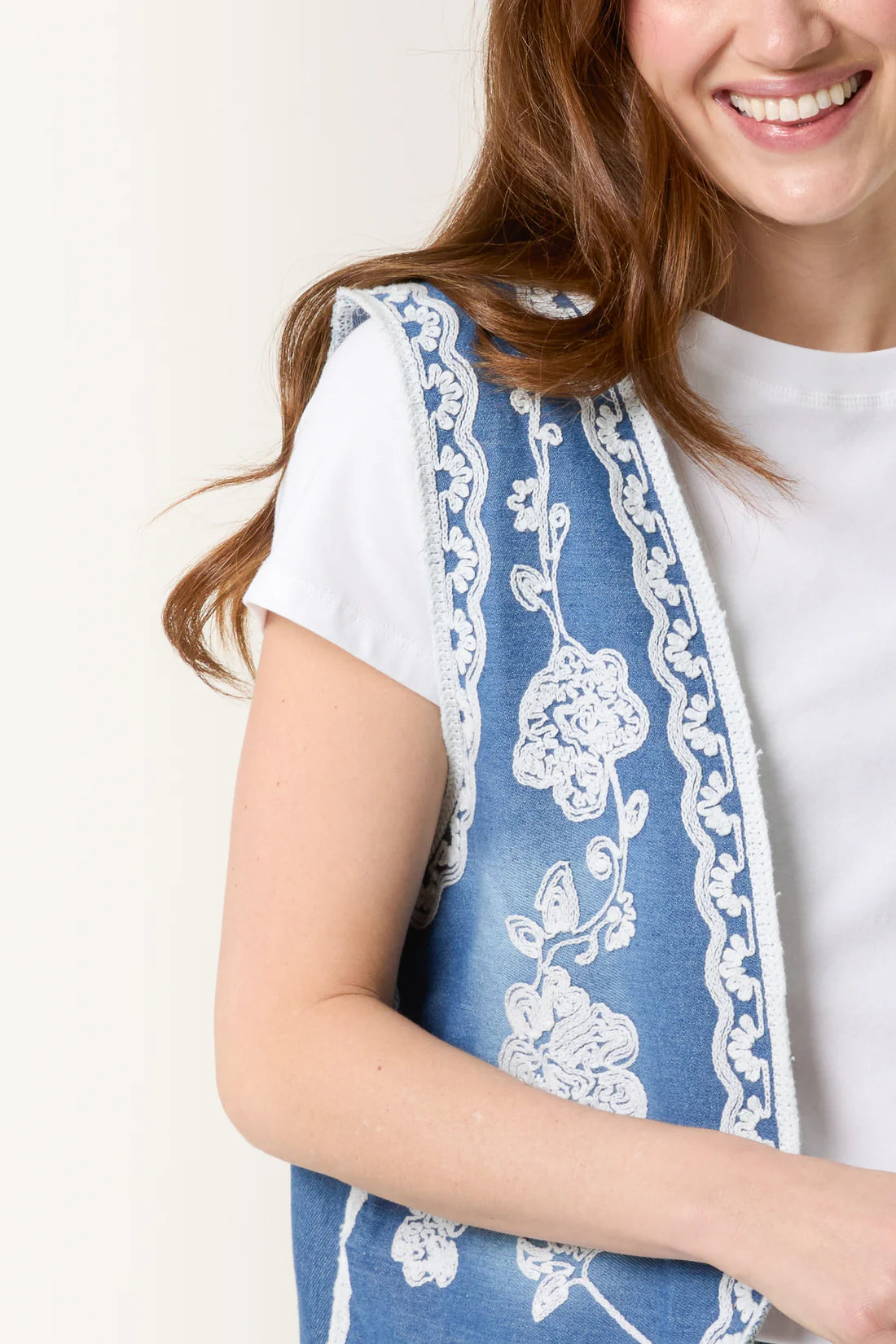Andrea Faded Denim Boho Embroidered Waistcoat