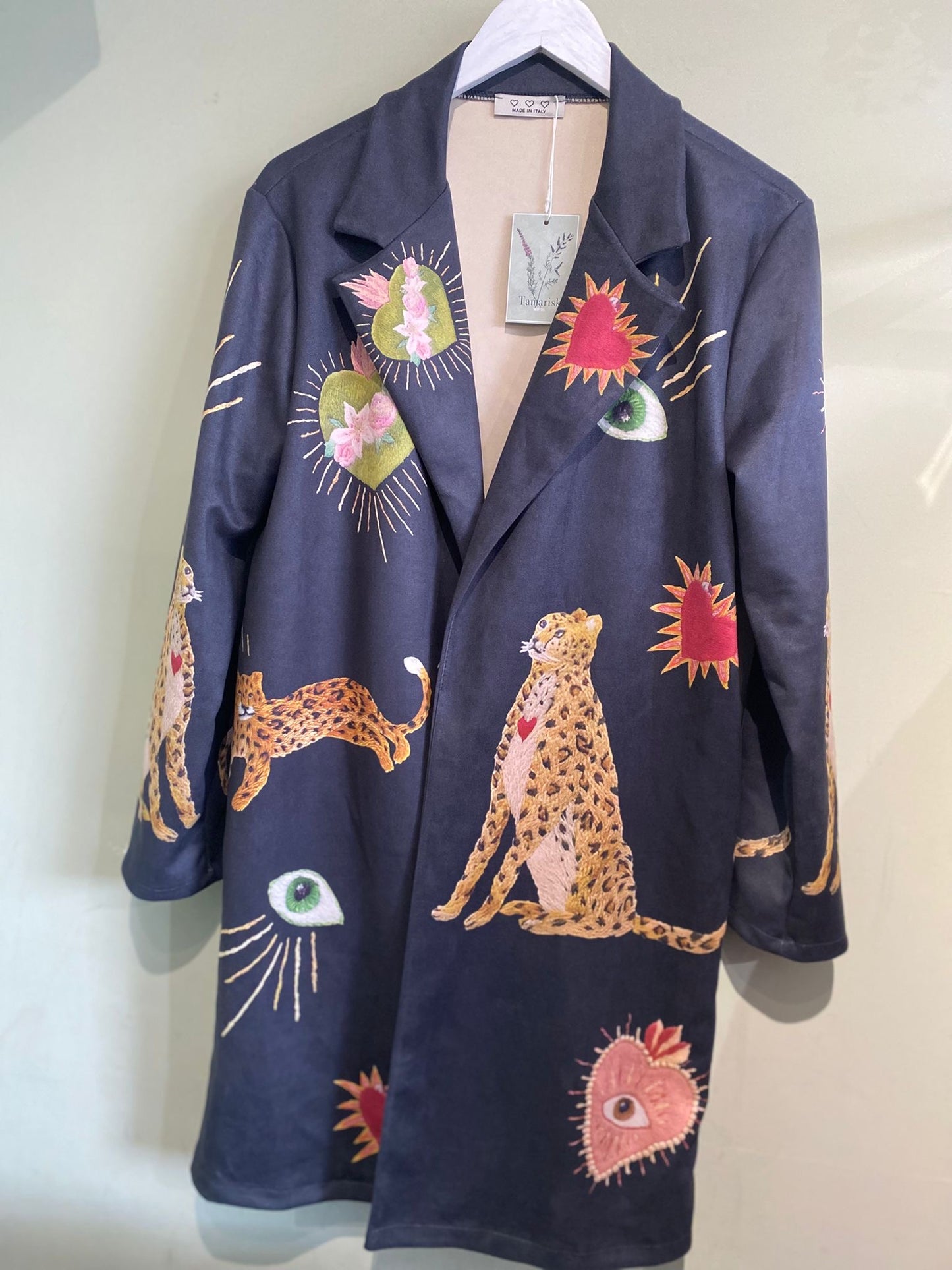 Pandora Icon Leopard, Heart & Sun Print Long Jacket In Black Faux Suede