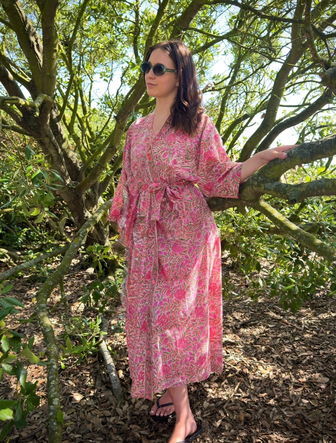 Tamarisk Bazaar Luxury Hand Printed Indian Cotton Robe Dressing Gown
