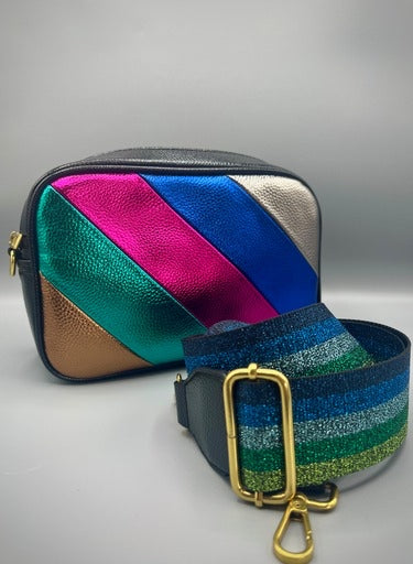 Faux Leather Rainbow Stripe Bag With Lurex Stripe Strap