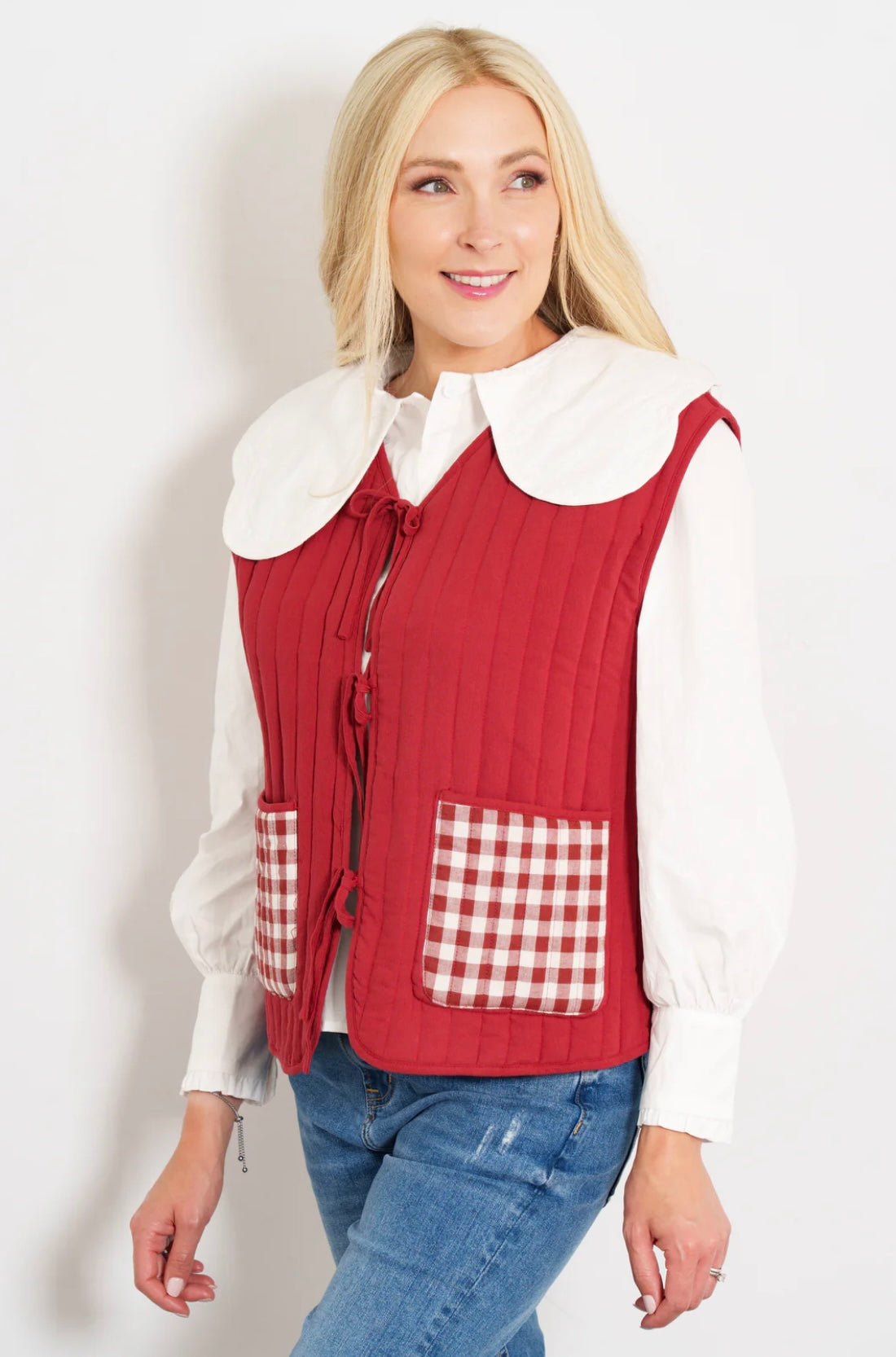 Liselle Quilted Cotton Gingham Gilet Waistcoat - Reversible Red & Cream