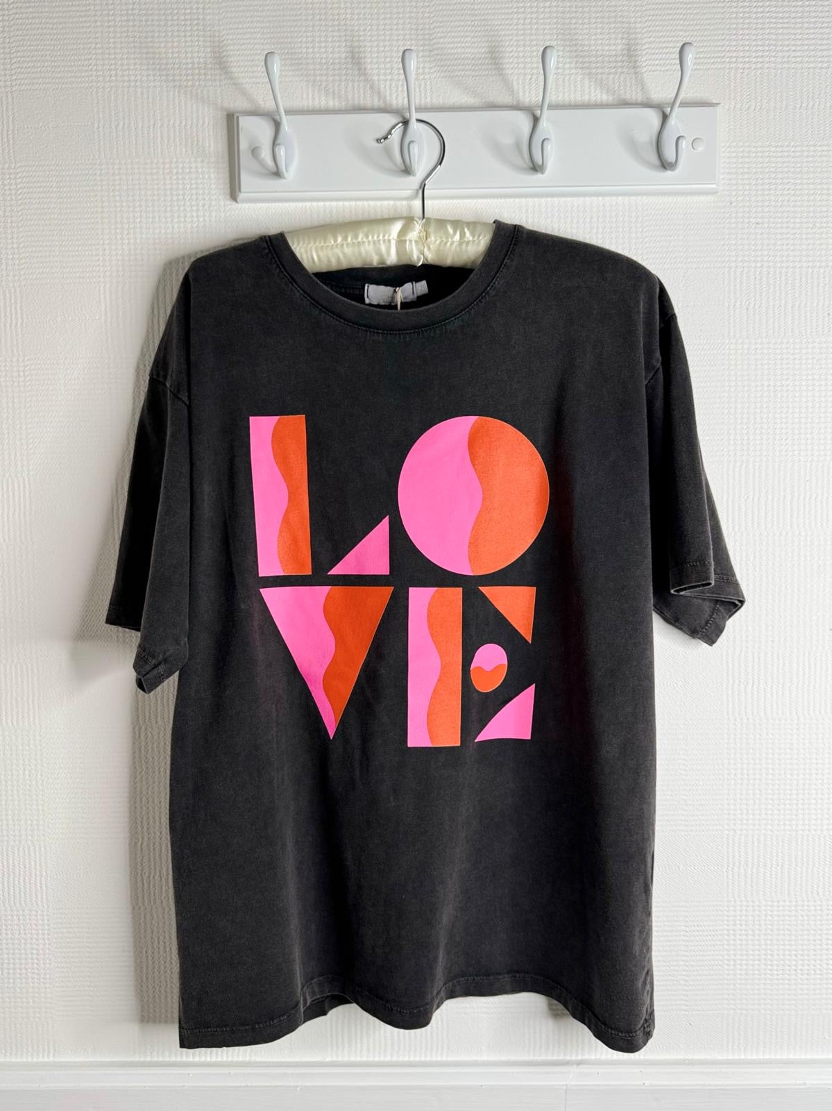 LOVE Slogan T Shirt - Stone Washed Charcoal With Pink & Orange Motif