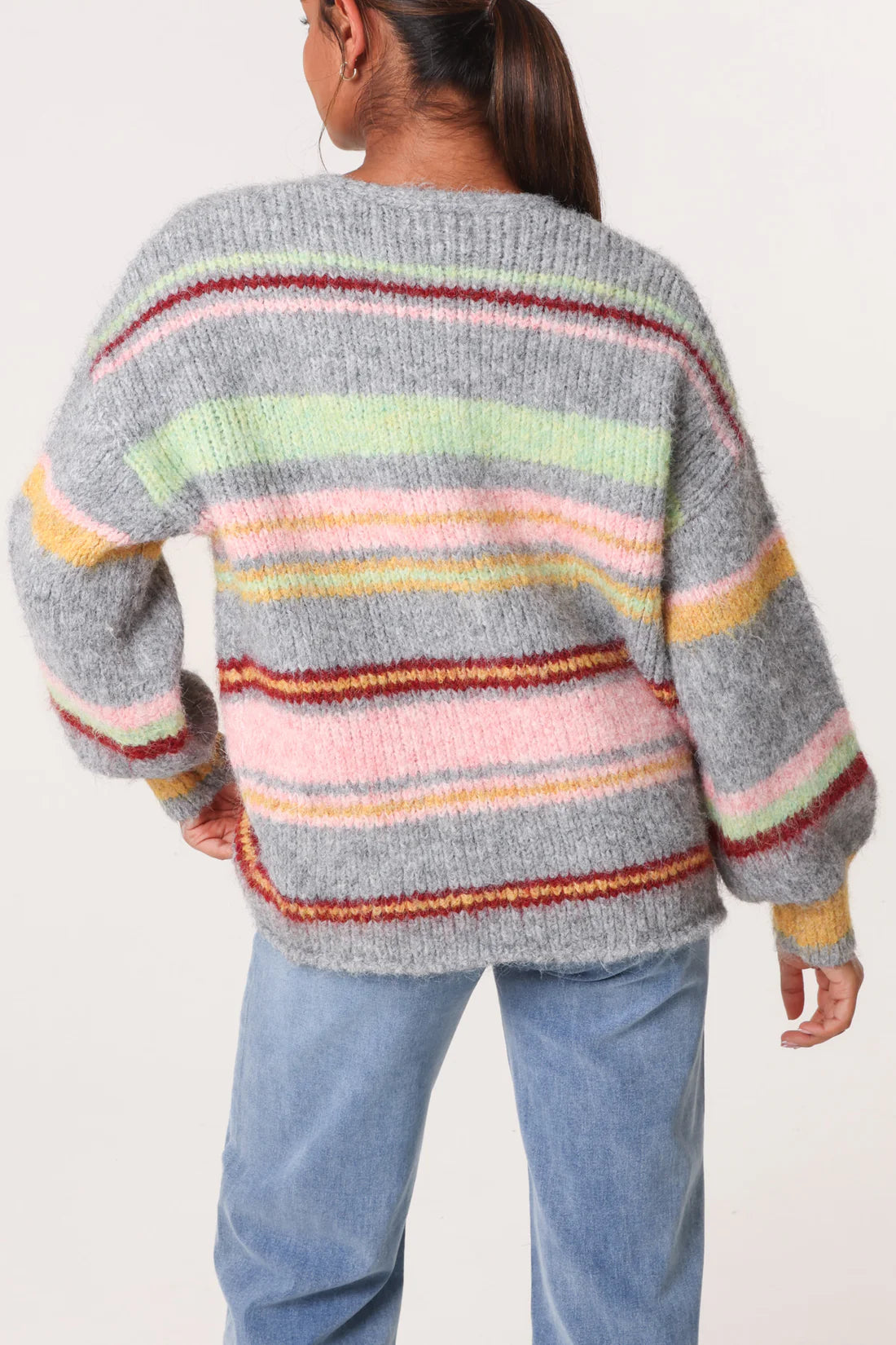 Jackie Cosy Knit Striped Boyfriend Cardigan- Grey Multi