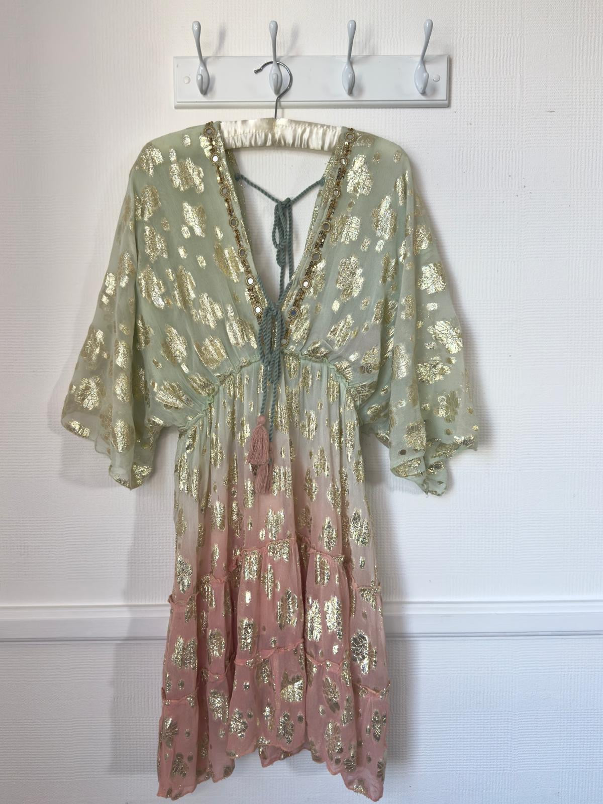 Sabrina Boho Ombre Foil Short Dress With Angel Sleeves - Sage Green & Apricot