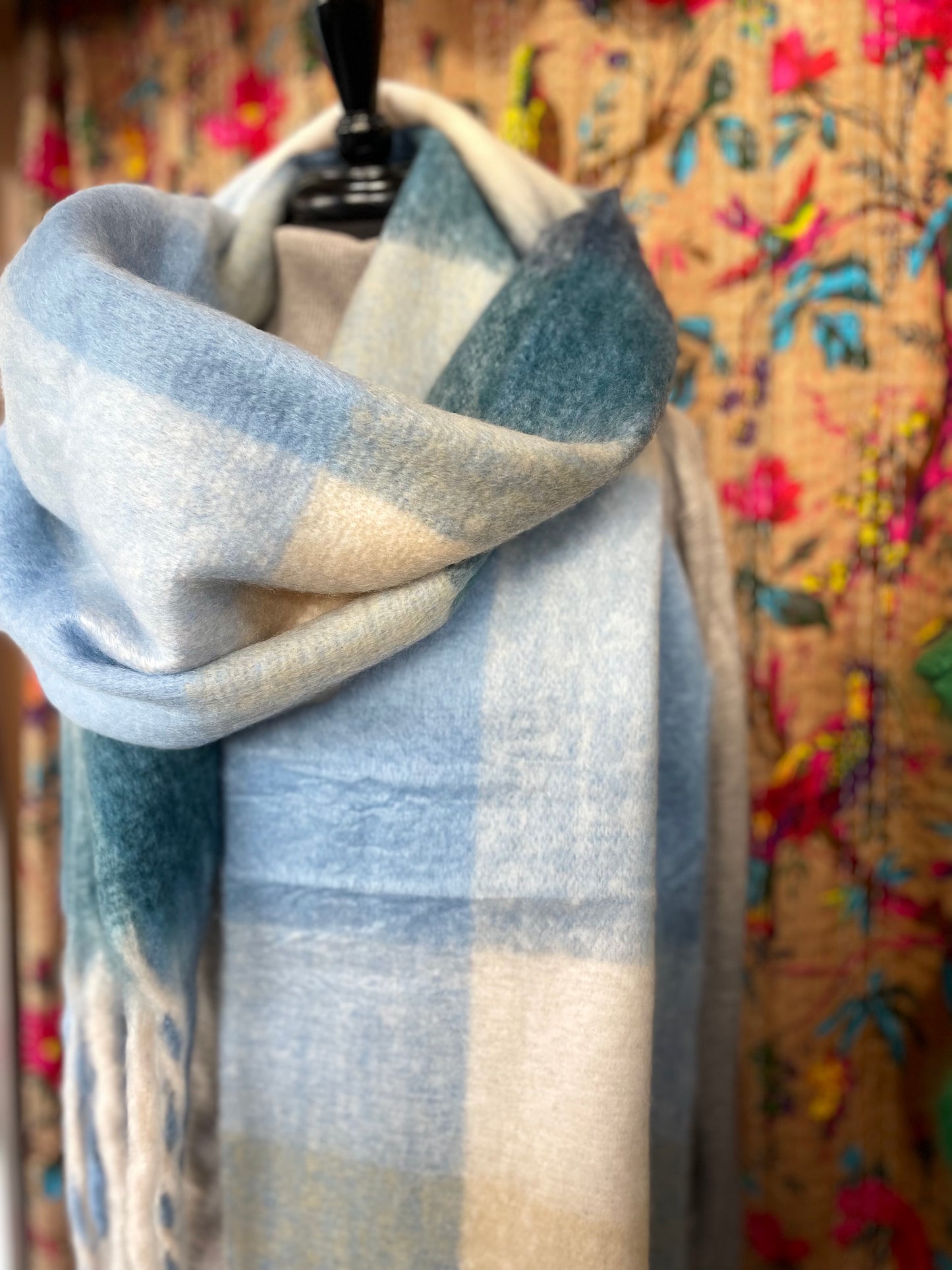 Misty Morning Blue & White Checked Blanket Scarf 🐮