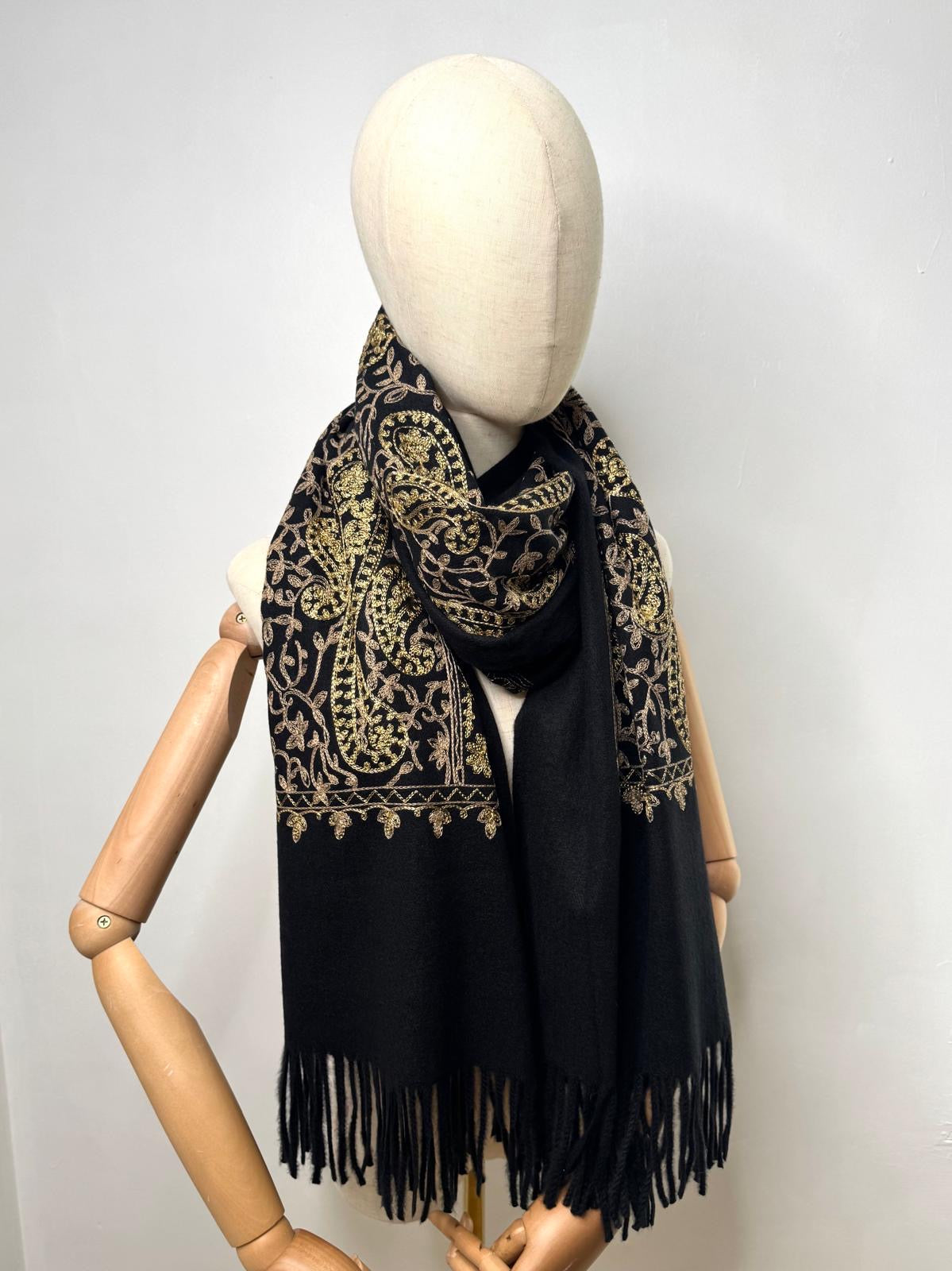Ursula Gold Embroidered Paisley Design Wool Blend Pashmina Scarf - Black Or Navy