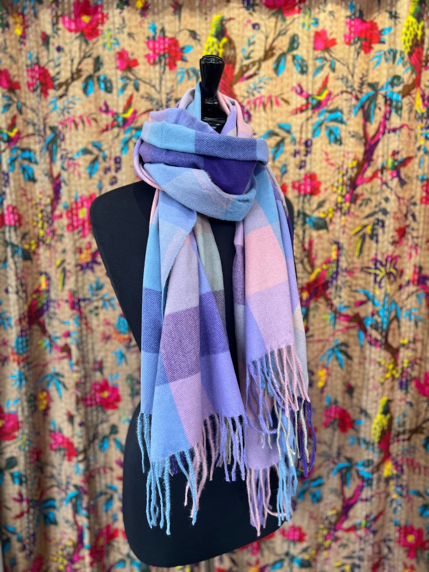 Checked Wool Mix Pashmina Scarf - Lilac Wine