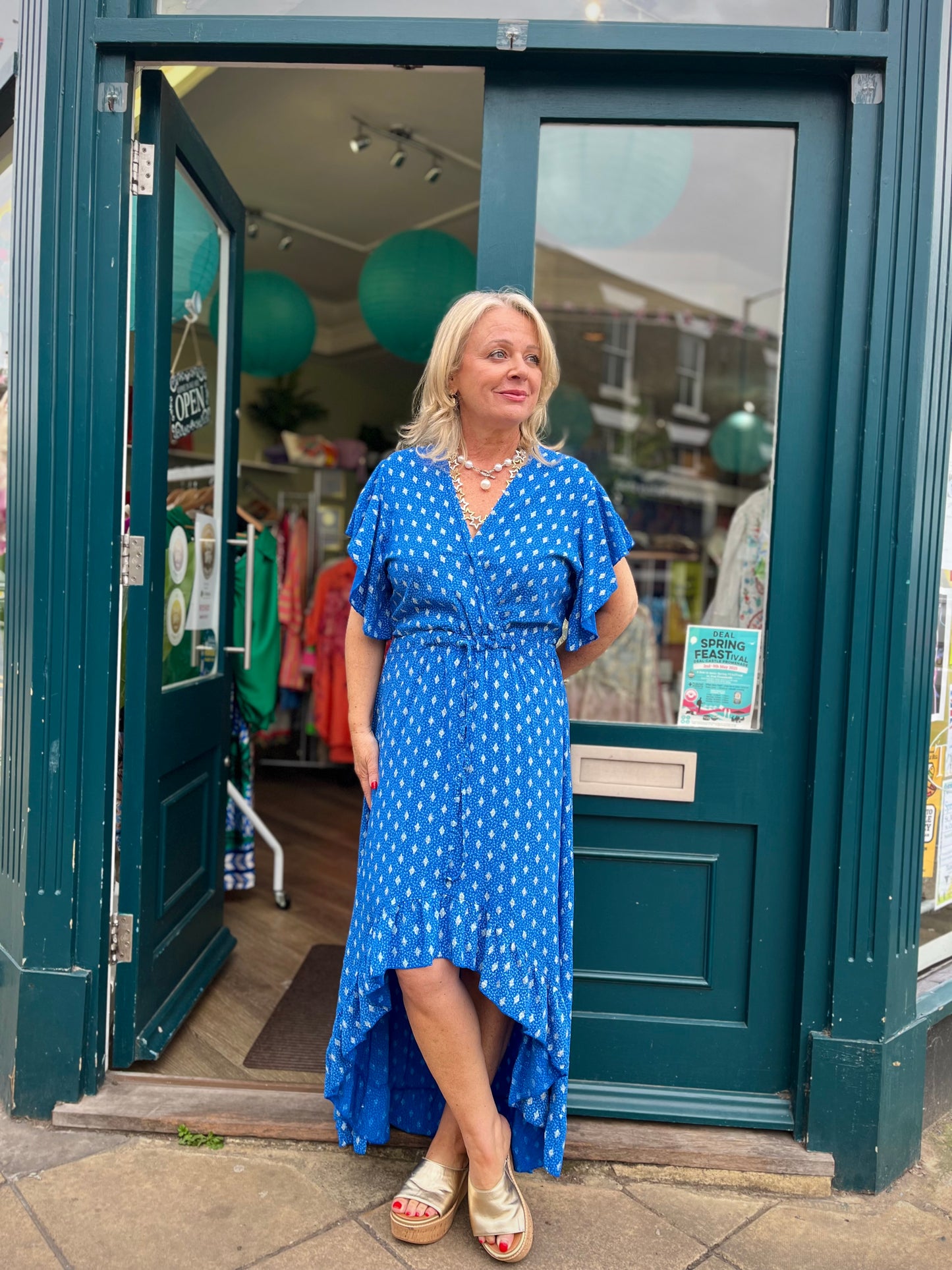 Willow Angel Sleeve Faux Wrap Dress With Hi/Lo Hem - Pink Or Blue Tile Print