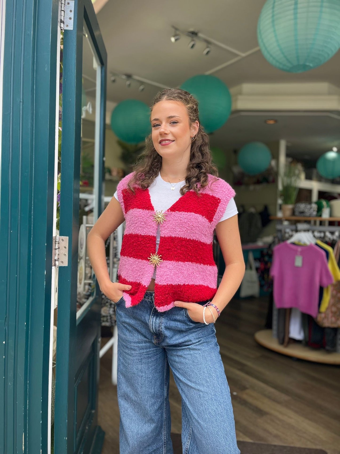Mimi Pink & Red Fluffy Knitted Waistcoat With Large Gold Sun Brooch Fasteners