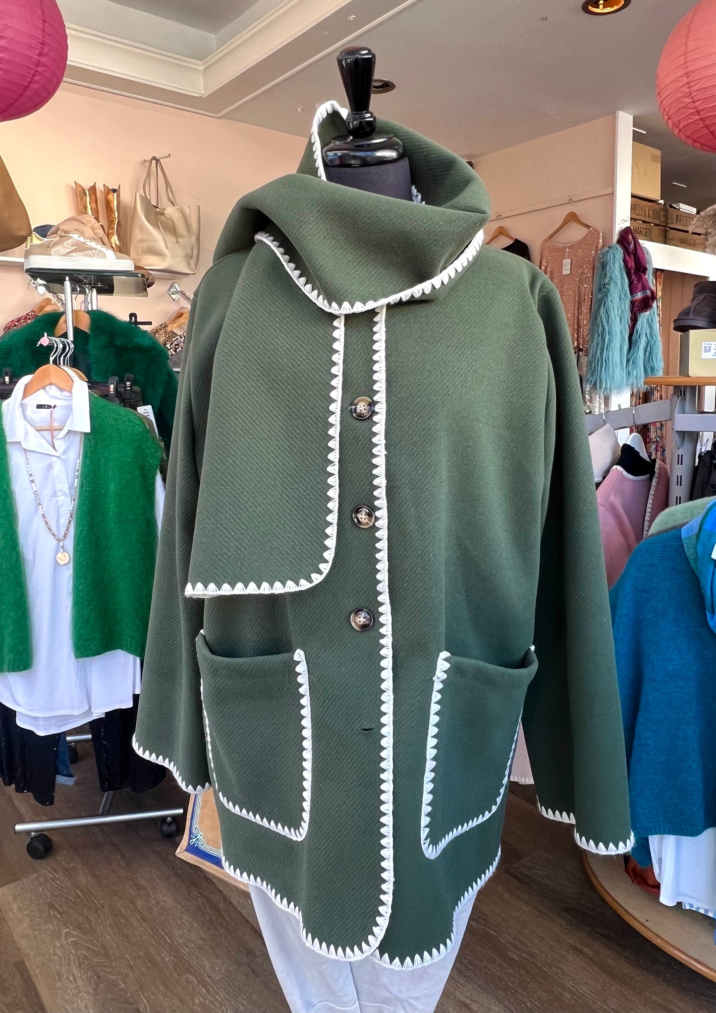 Liselle Contrast Stitch Jacket With Scarf - Olive Khaki Green
