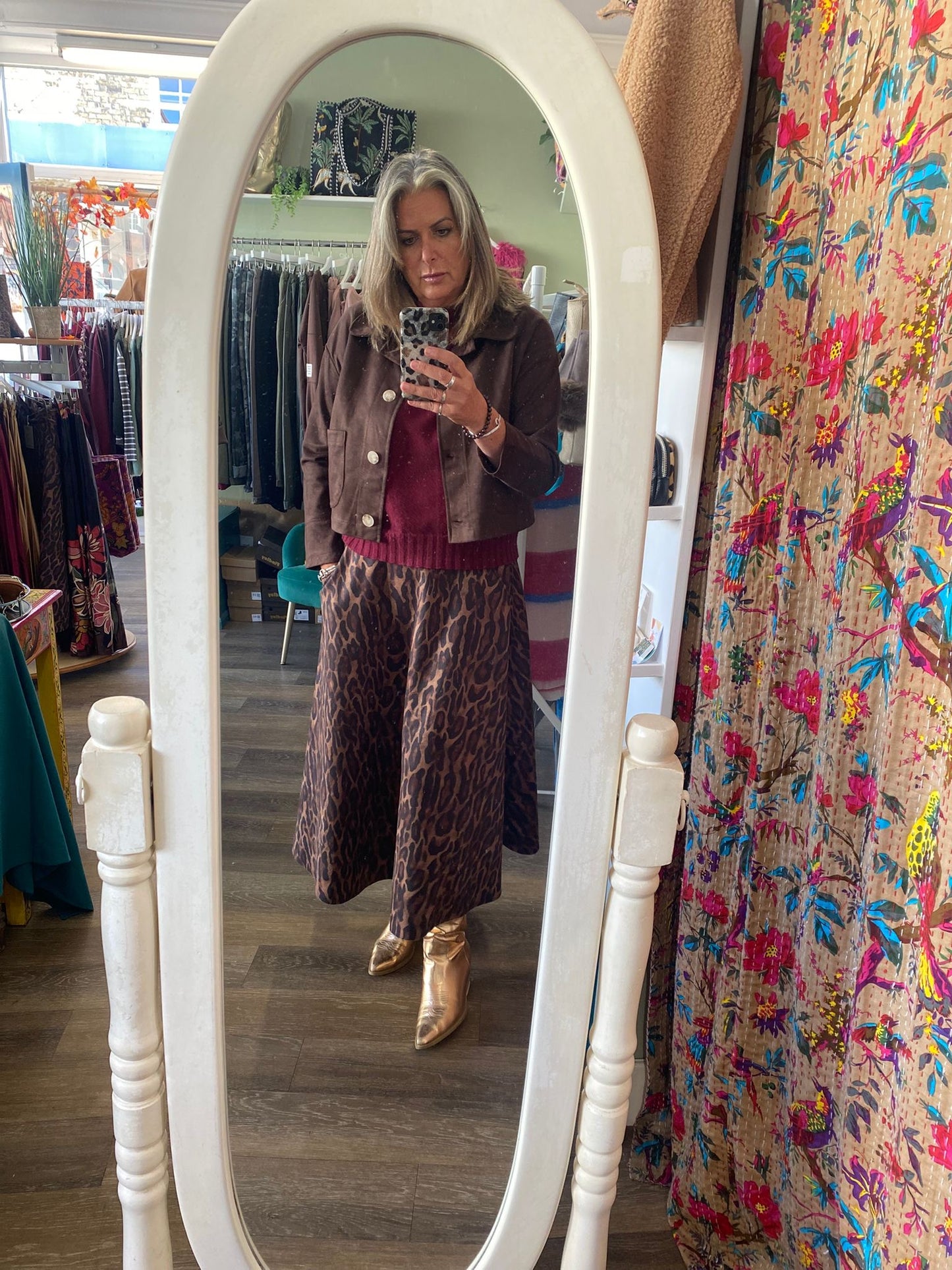 Nicole Midaxi A Line Leopard Print Faux Suede Skirt