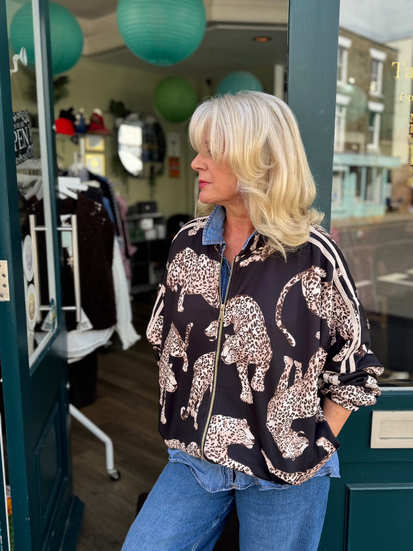 Sonia Leopard Bomber Jacket With Stripe Trim