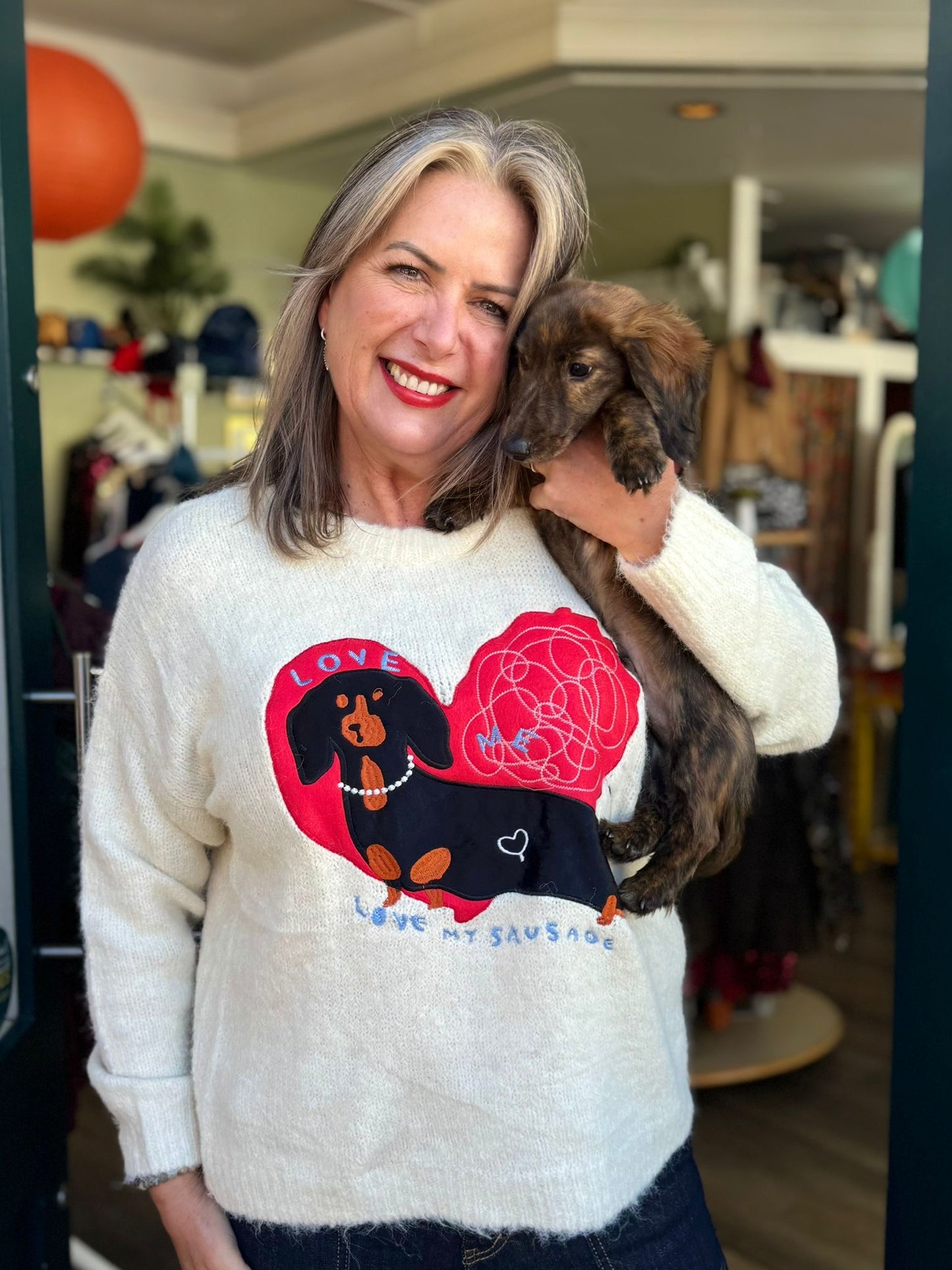 Love Me, Love My Sausage Dachshund Sausage Dog Wool Blend Jumper - Cream