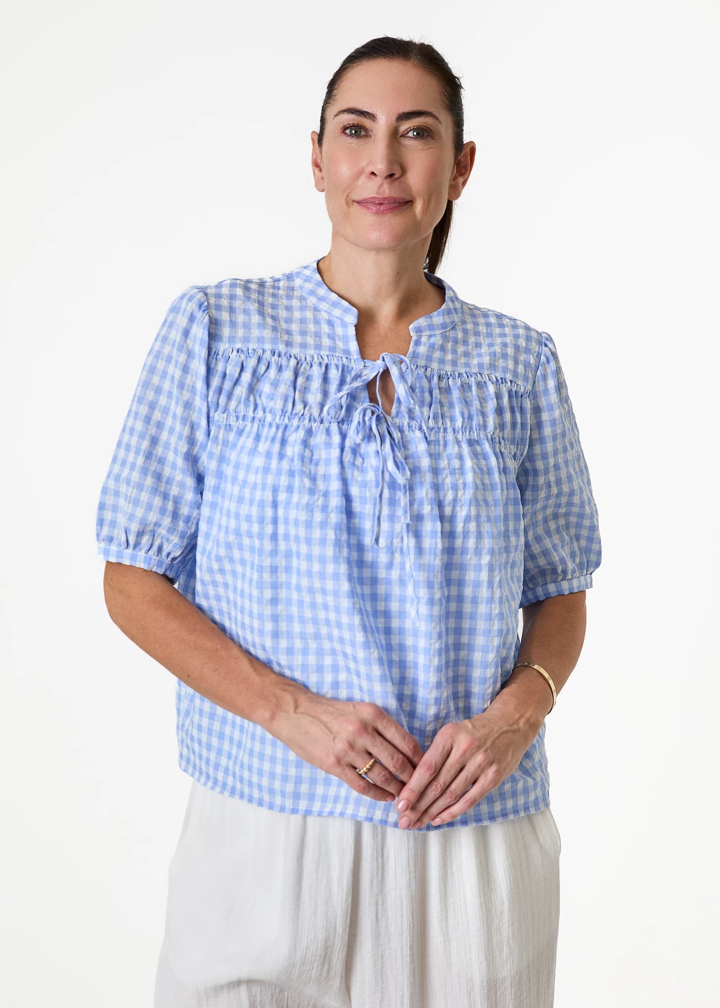Aggie Gingham Tie Neck Short Sleeve Blouse - Black Or Blue