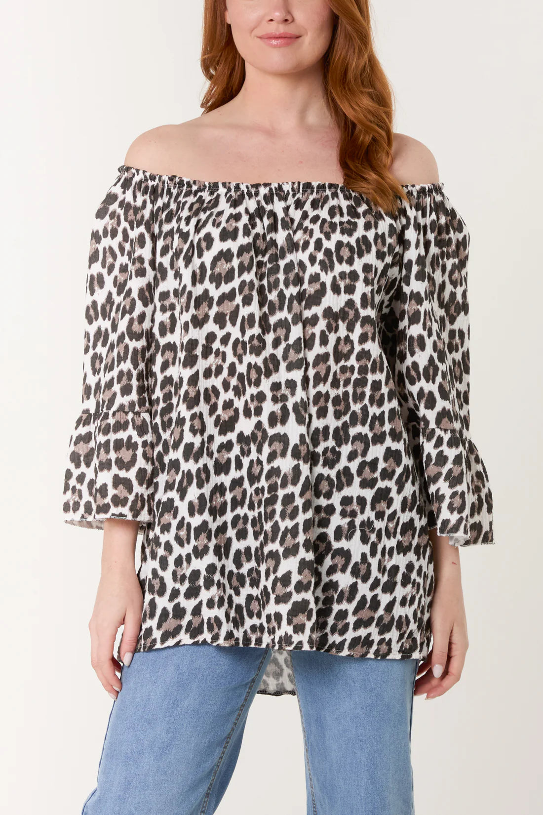 Carolina Cotton Cheesecloth Bardot Smock Top - Leopard Print - 3 Colours