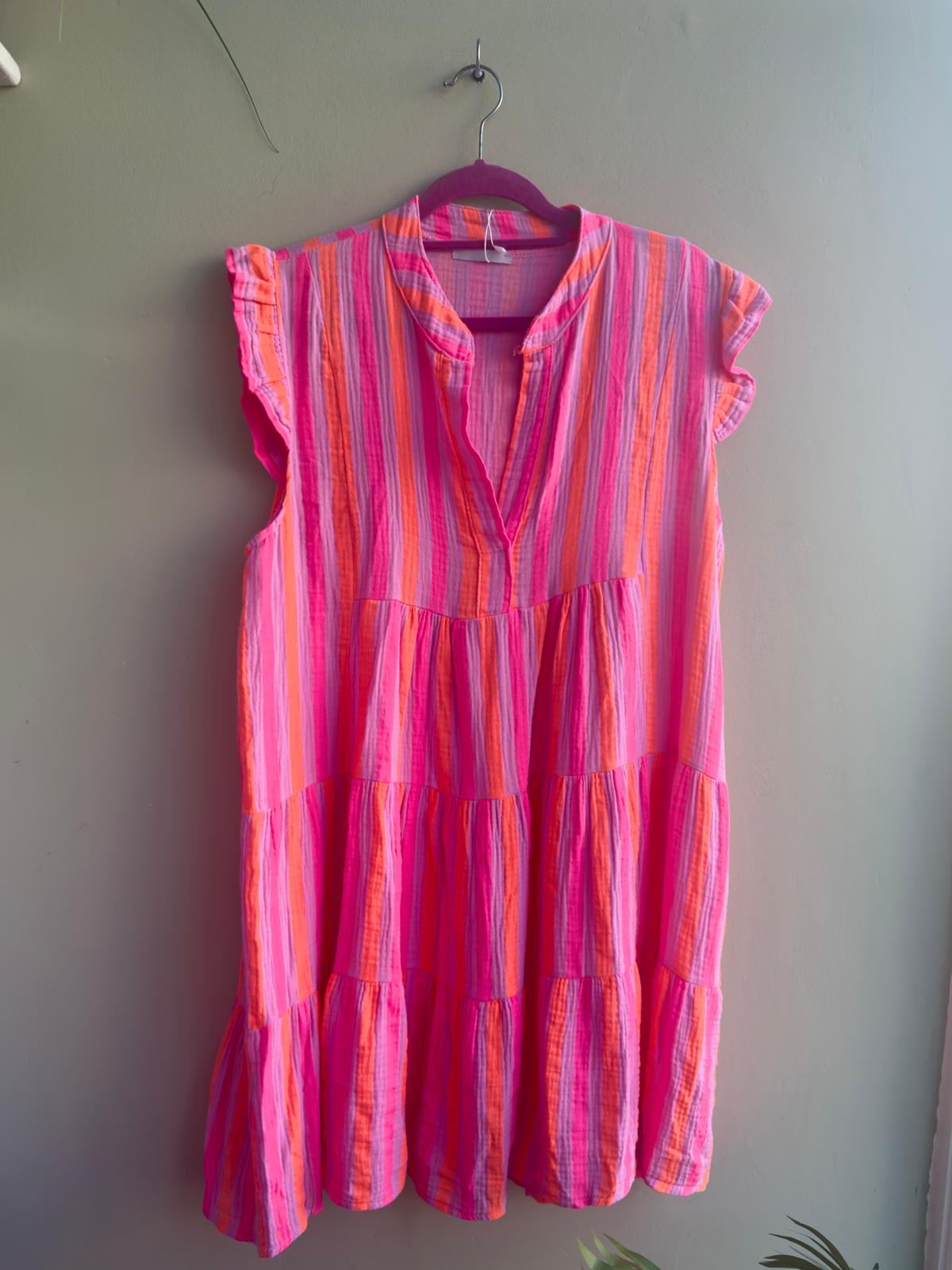 Maddie Neon Pink & Orange Stripe Cotton Cheesecloth Beach Dress