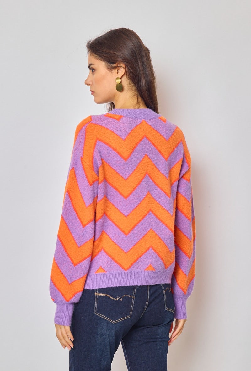 Amelia Zig Zag Soft Knit Cardigan - Orange & Lilac