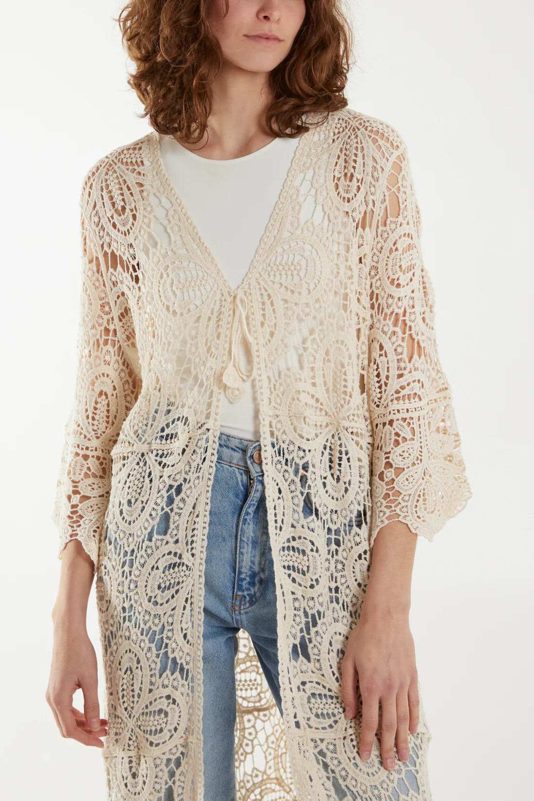 Jessica Cotton Long Crochet Cardigan - Cream Ecru