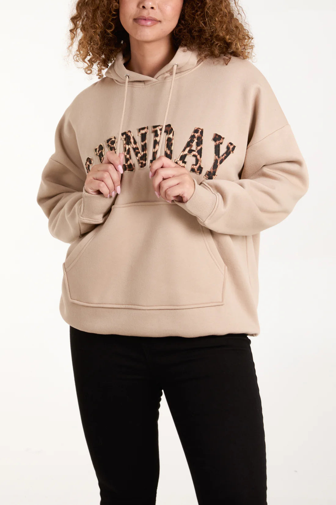 Sunday Warm Beige Hooded Sweatshirt With Leopard Print “Sunday” Appliqué Logo