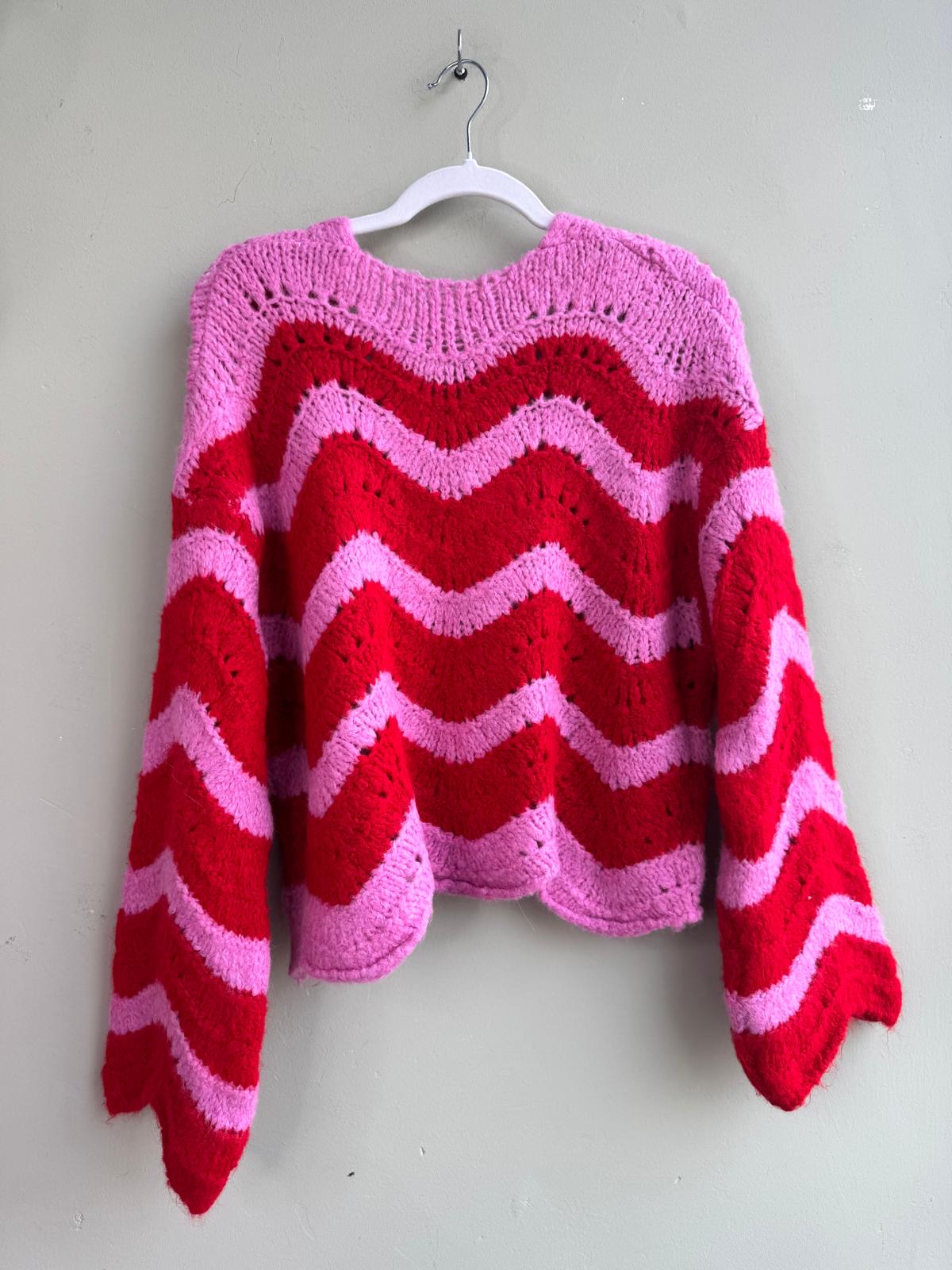 Delilah Chevron Knit Scalloped Edge Pointelle Tie Front Cardigan - Pink & Red