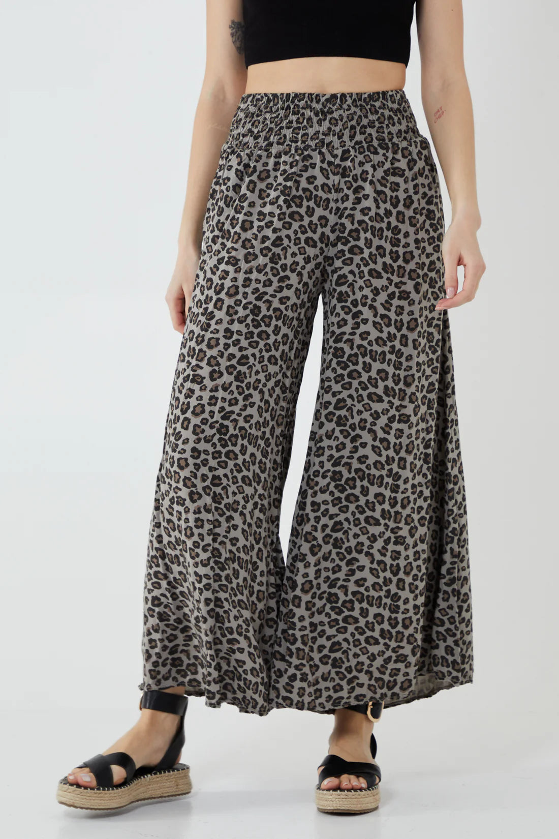 Kitty Shirred Waistband Wide Leg Leopard Print Trousers - Khaki Or Mocha