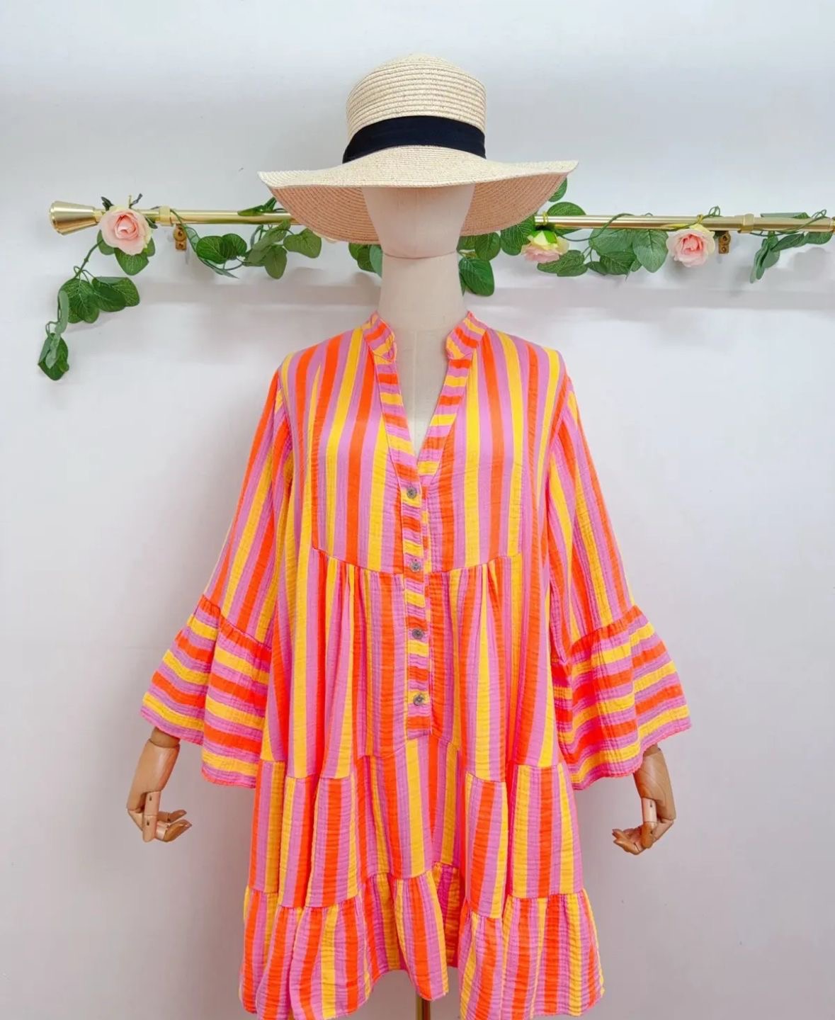 Bryony Orange, Pink& Yellow Striped Seersucker Cotton Short Tiered Dress