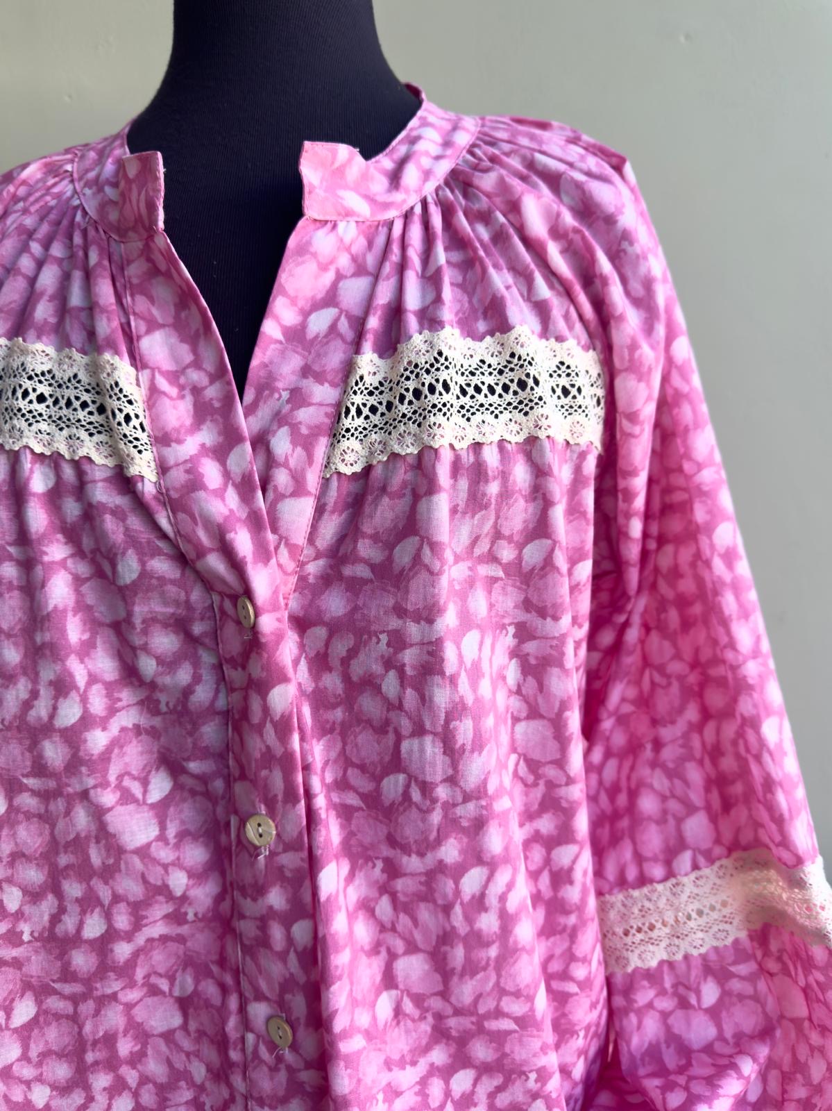 Miranda Ditsy Brush Stroke Print Blouse With Lace Trim - Khaki Or Pink Cotton