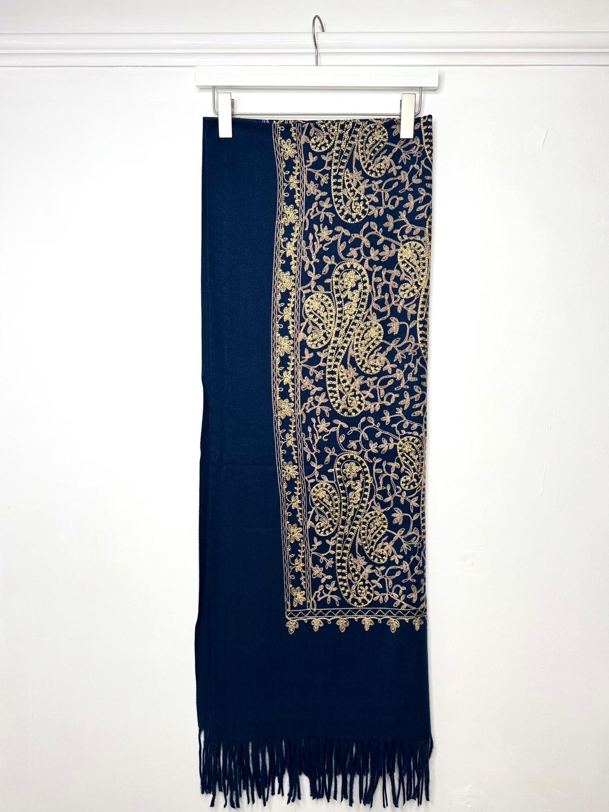 Ursula Gold Embroidered Paisley Design Wool Blend Pashmina Scarf - Black Or Navy