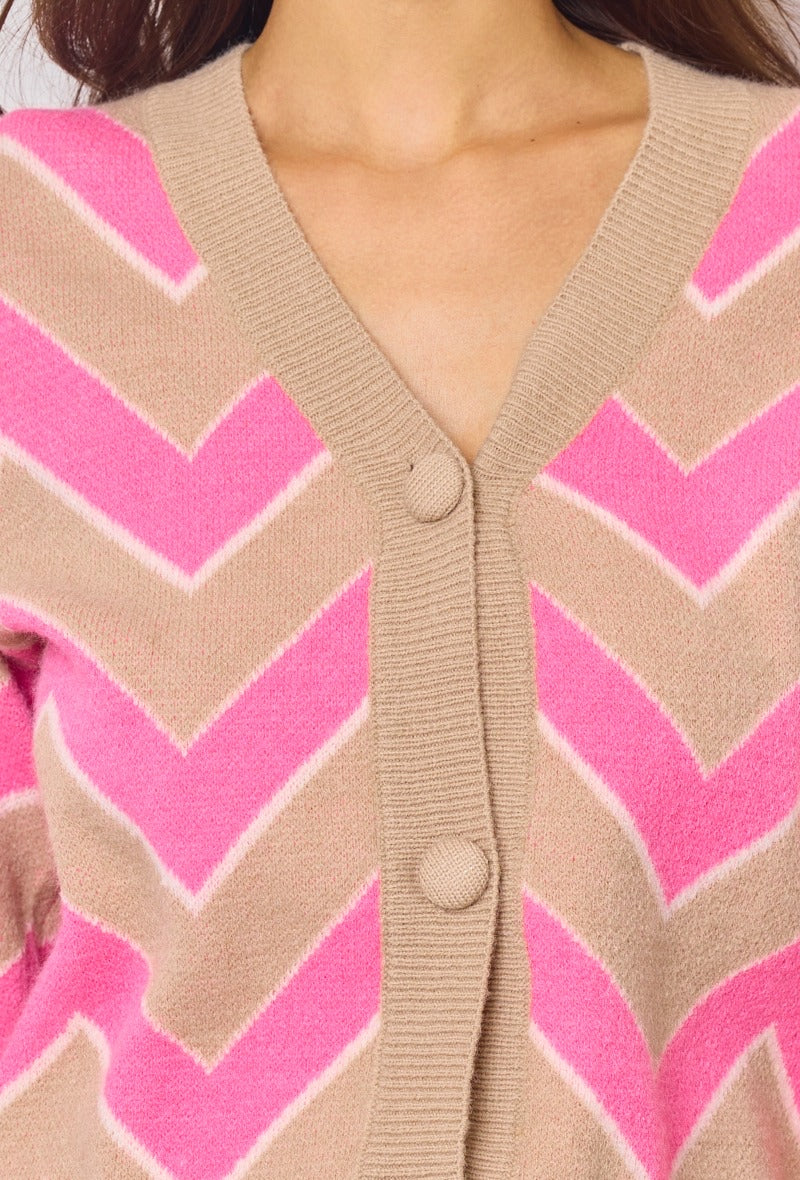 Amelia Zig Zag Soft Knit Cardigan - Pink & Beige