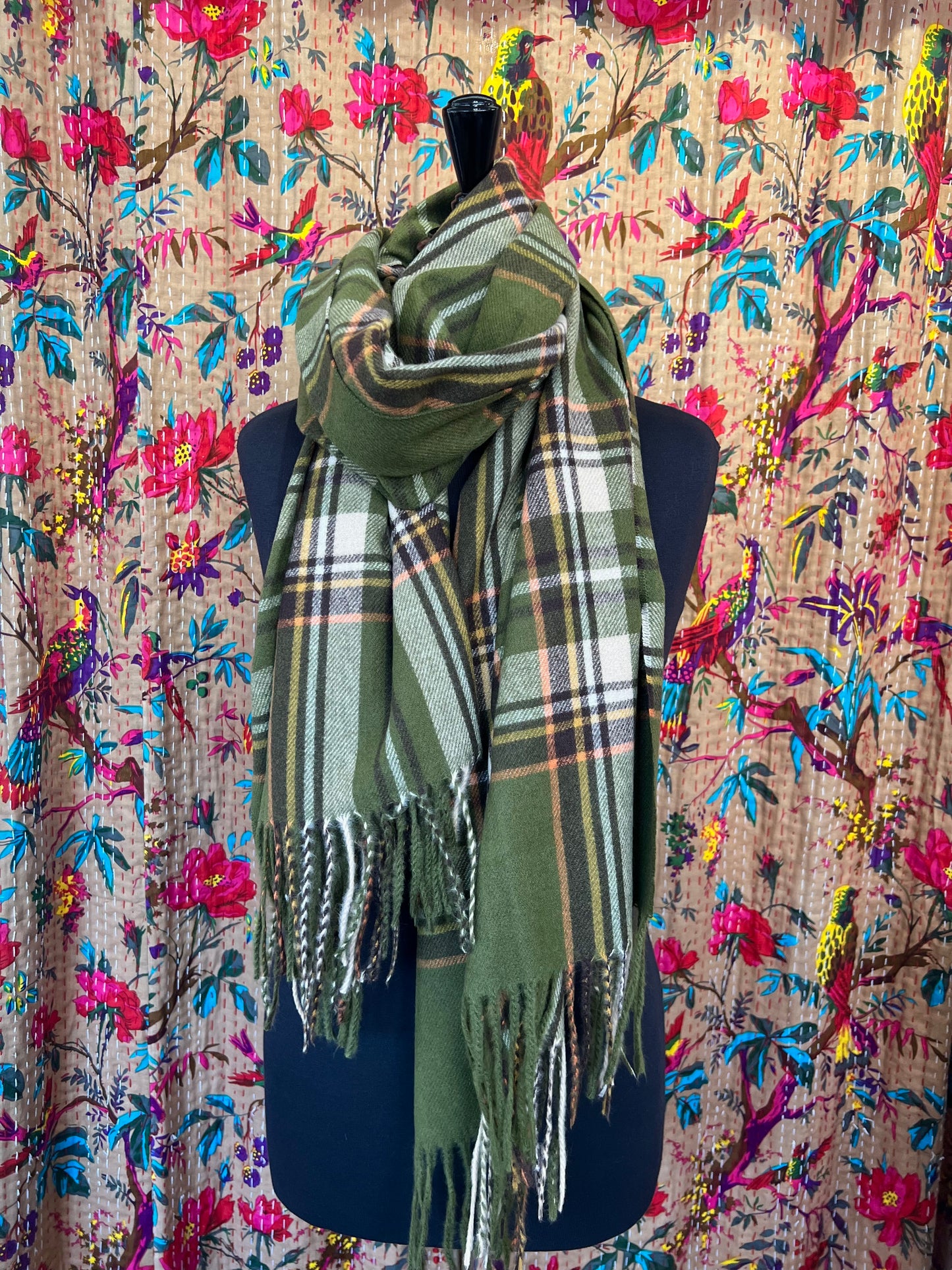 Checked Wool Mix Pashmina Scarf - Warm Khakis