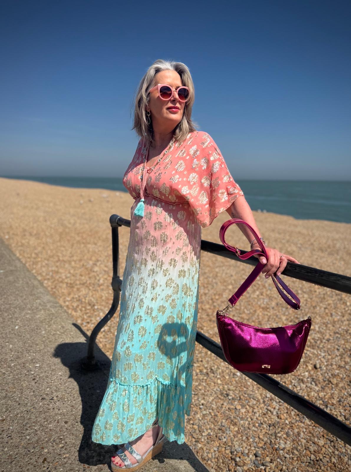 Eva Ombre Foil Boho Embellished Angel Sleeve V Neck Maxi Dress - Peach & Aqua