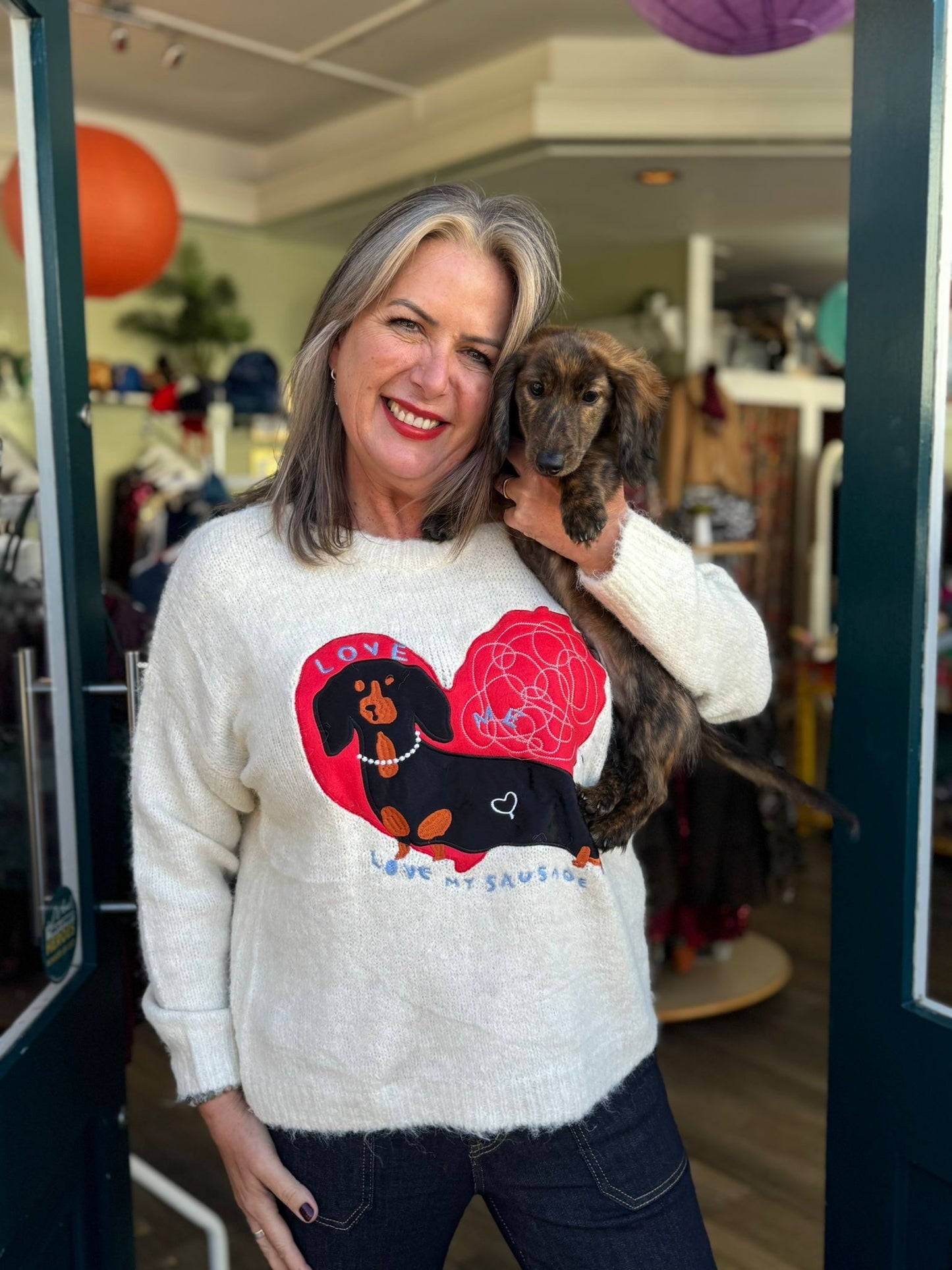 Love Me, Love My Sausage Dachshund Sausage Dog Wool Blend Jumper - Cream