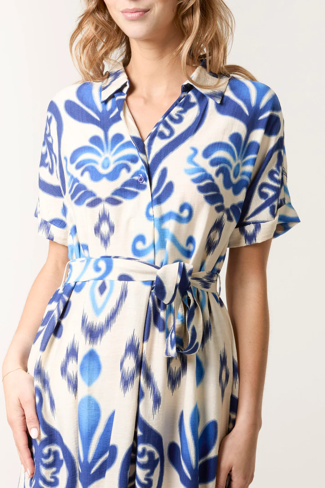 Michelle Ikat Print Short Sleeve Shirt Dress - Green Or Blue