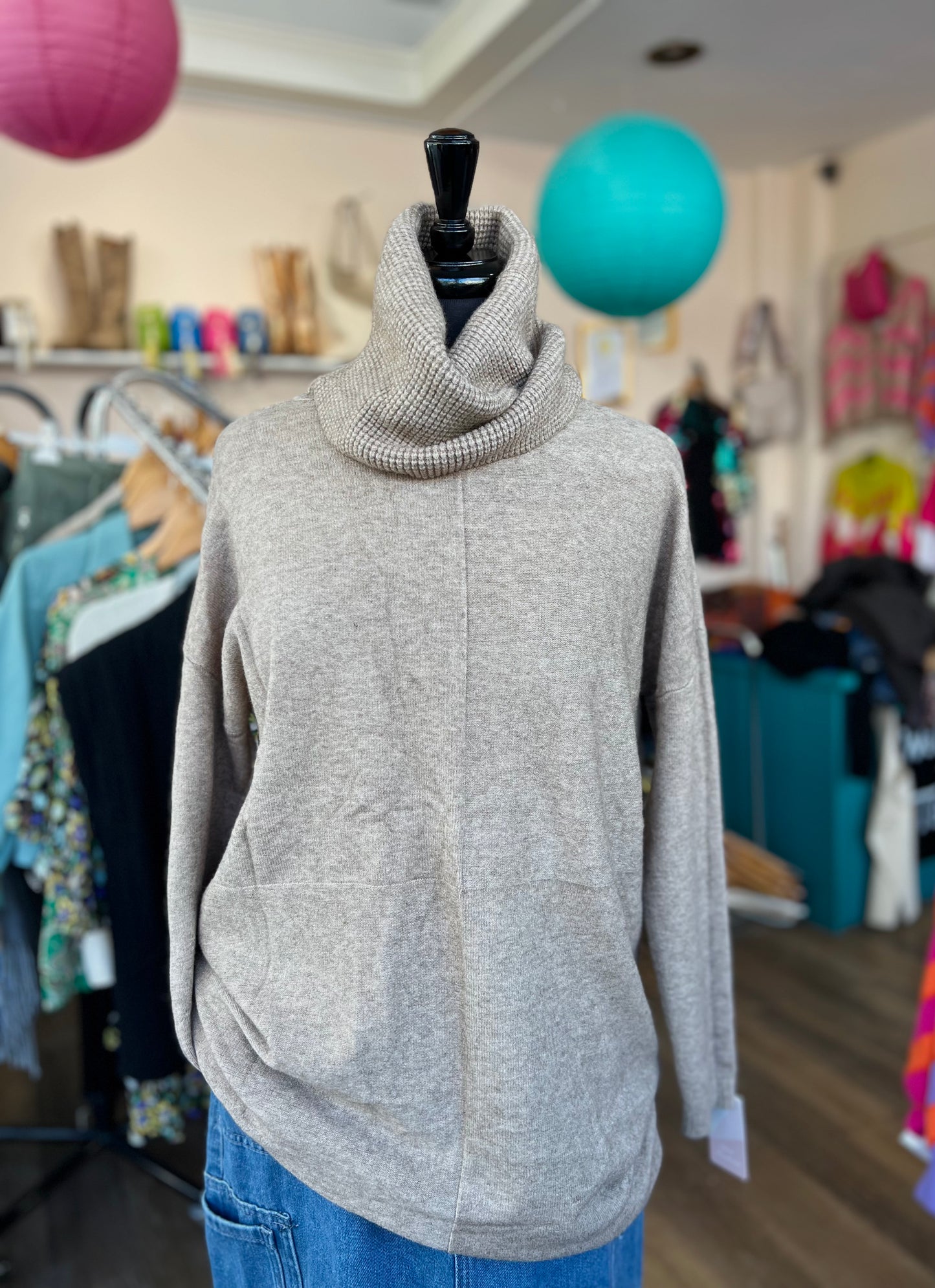 Astrid Longline Jumper With Waffle Knit Roll-neck - Warm Beige