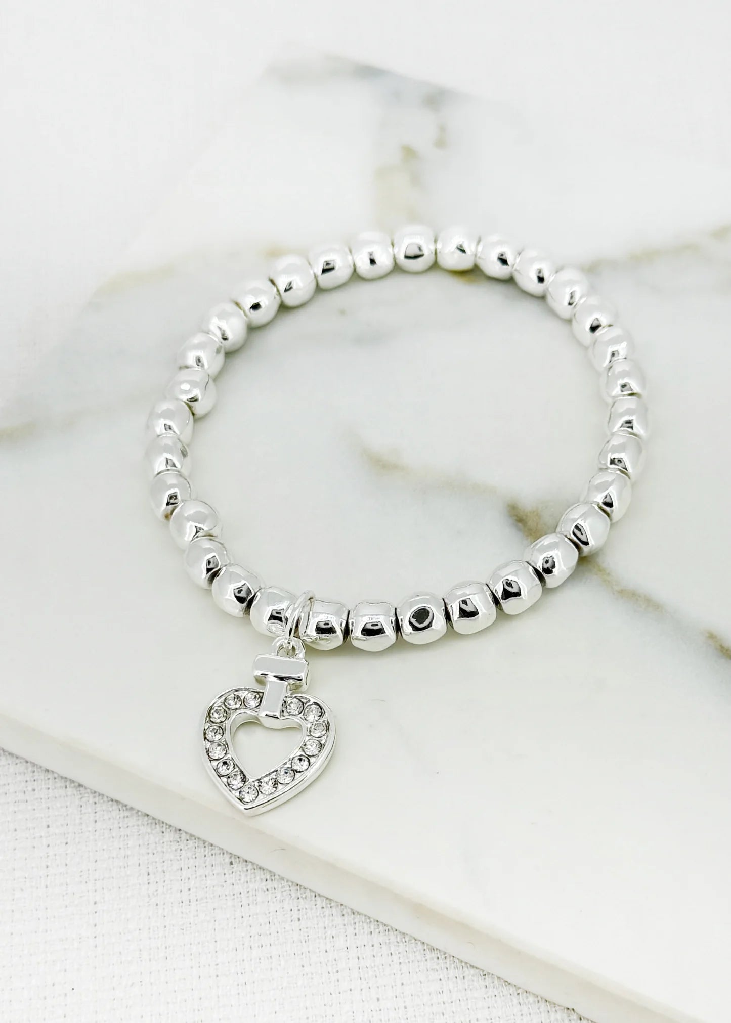 Envy Jewellery Gold Or Silver Stretch Beaded Bracelet With Large Diamanté Heart Charm