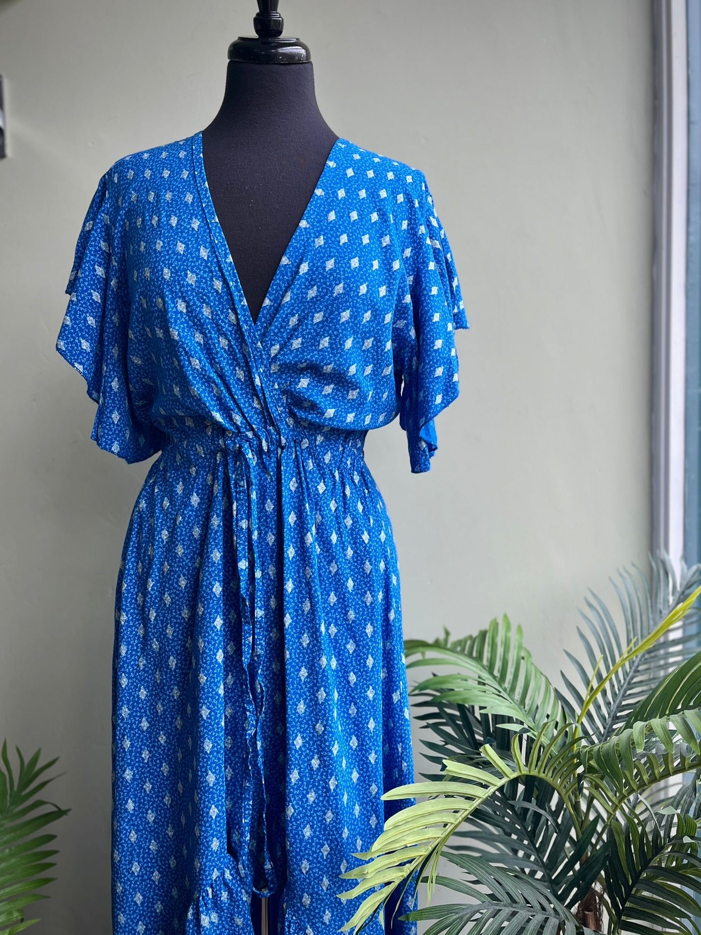 Willow Angel Sleeve Faux Wrap Dress With Hi/Lo Hem - Pink Or Blue Tile Print