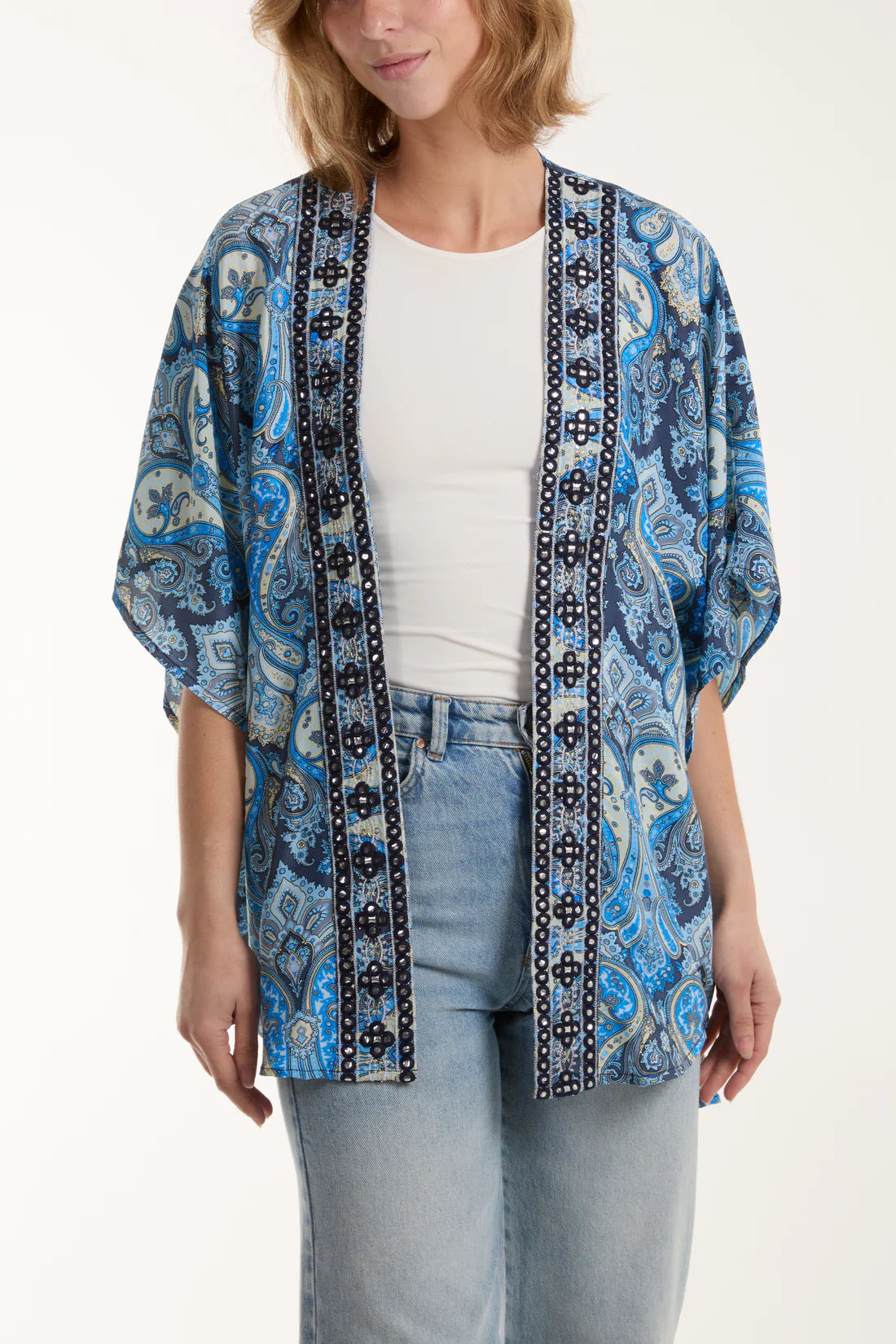 Hannah Faux Silk Mirror Trim Boho Kimono - Blue Paisley
