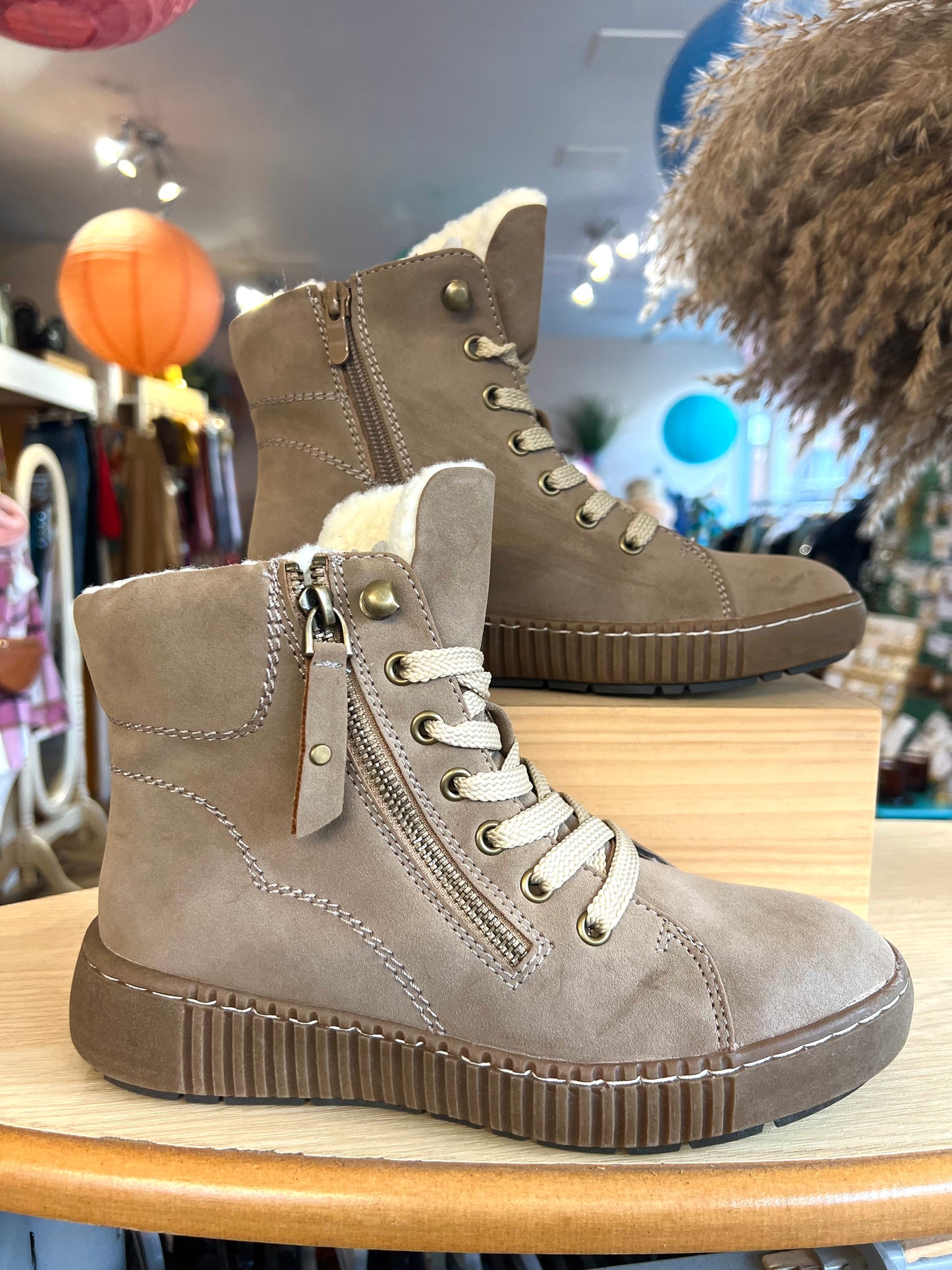 Toasty Fleece Lined Faux Suede Hiking Style Boots - Camel/Taupe