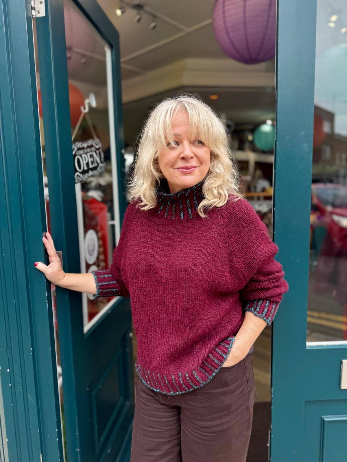 Maddie Funnel Neck Blanket Stitch Trim Wool Blend Jumper - Burgundy