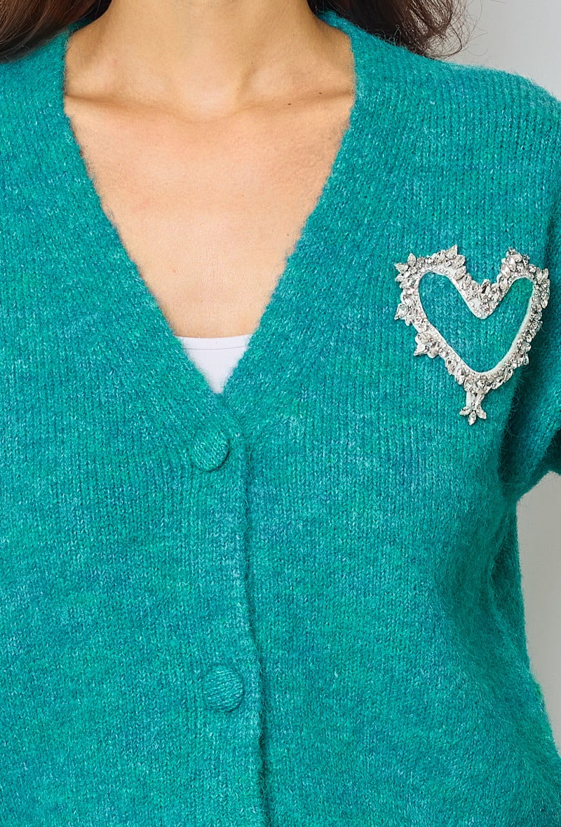 Claudia Crystal Beaded Heart Motif Cardigan - Soft Teal