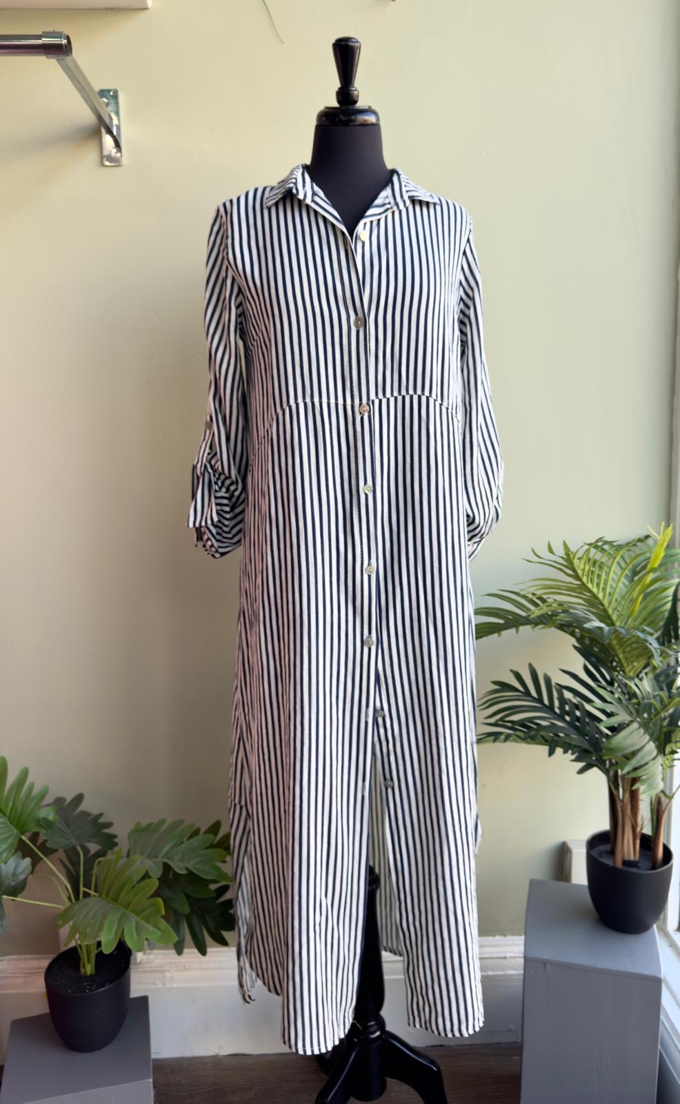 Julia Linen Blend Navy & White Stripe Maxi Shirt Dress