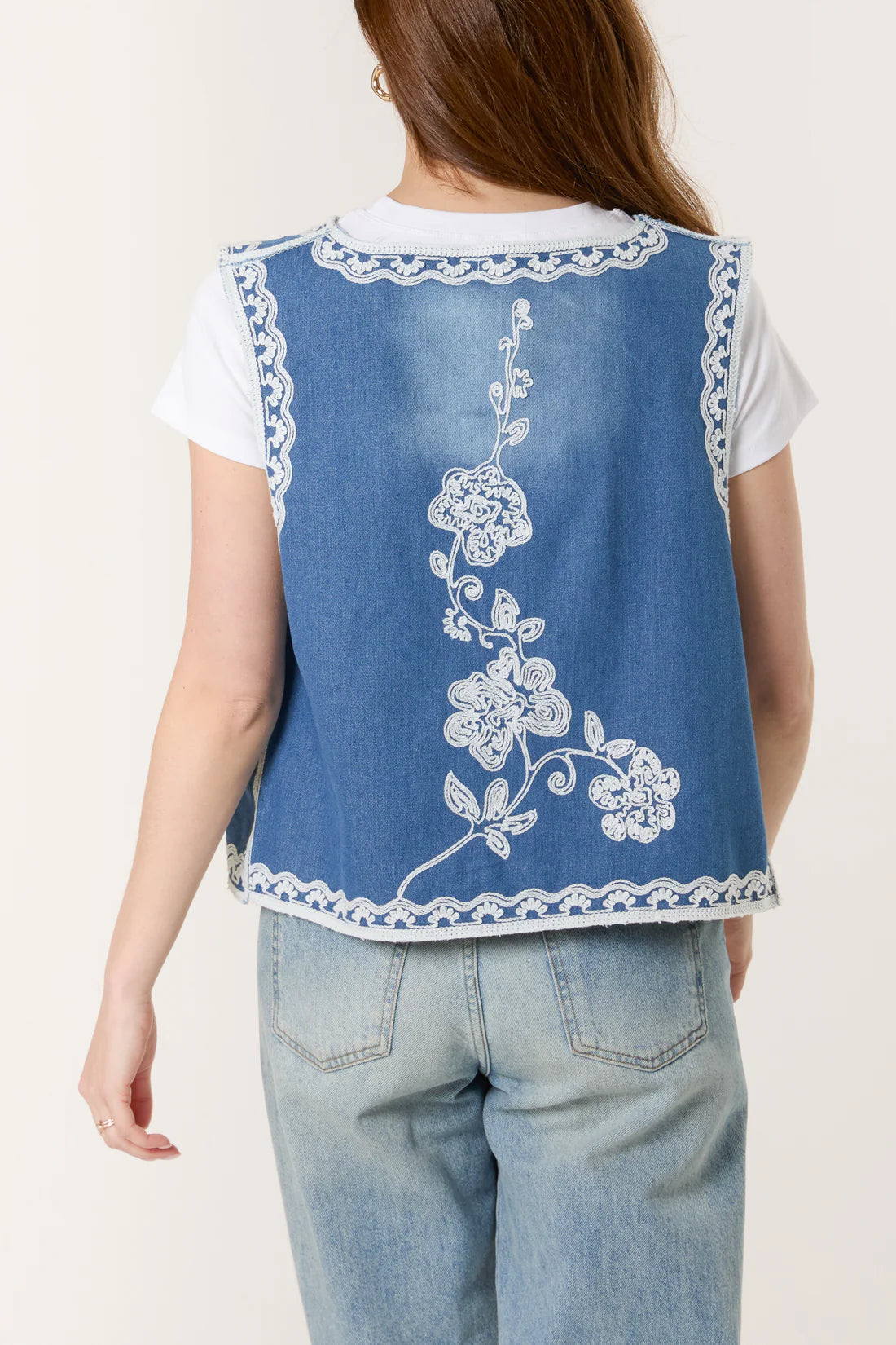 Andrea Faded Denim Boho Embroidered Waistcoat