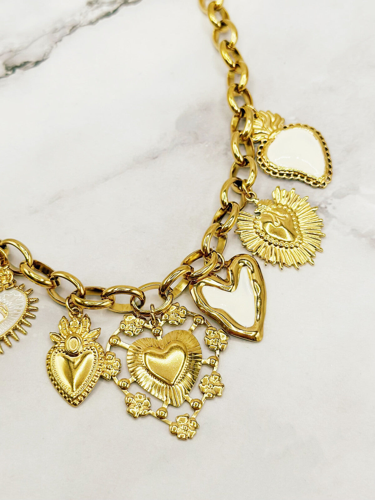 Chunky Gold Sacred Heart Style Charm Necklace
