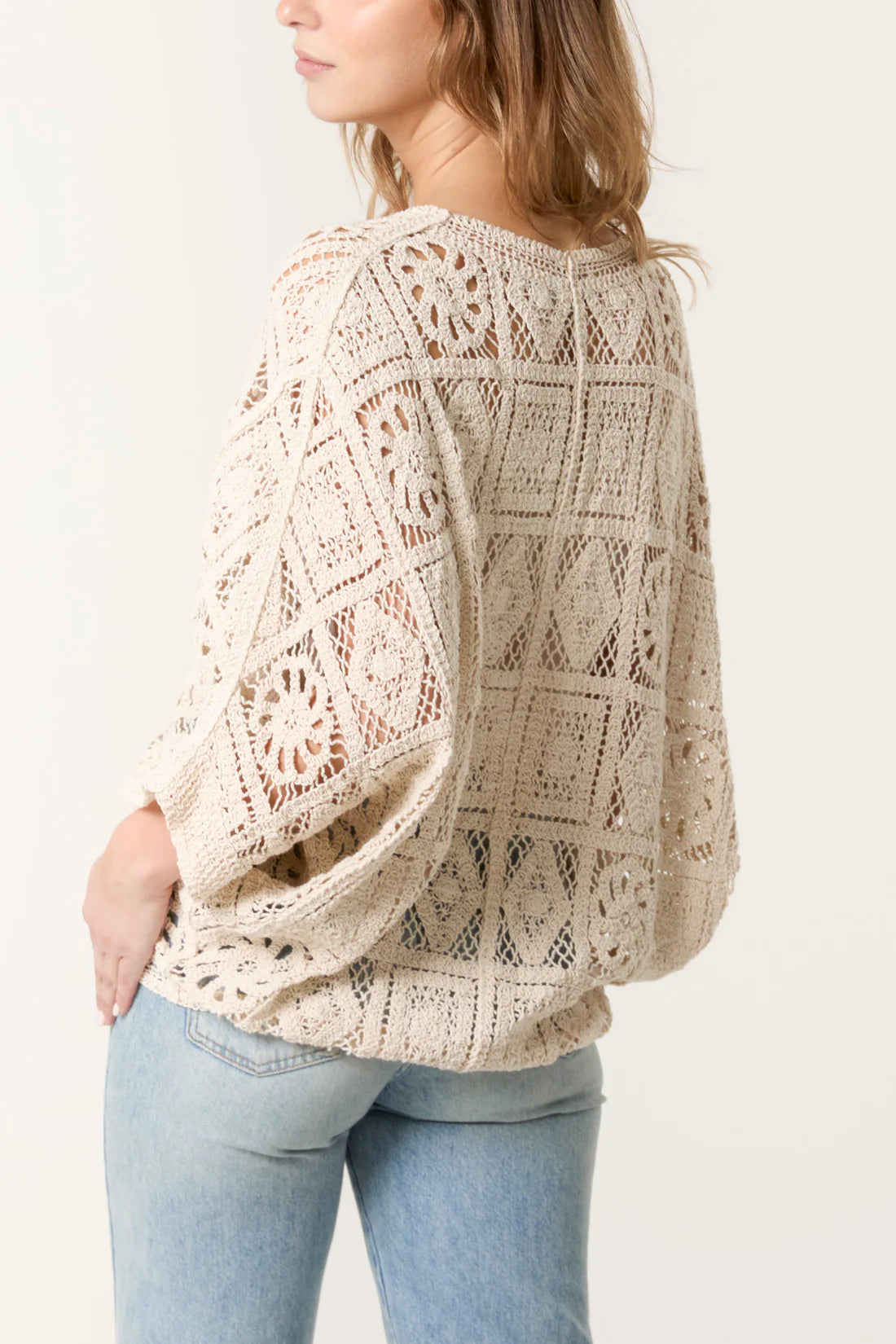 Melrose Cotton Crochet Batwing Sleeve Cardigan - Ecru Beige