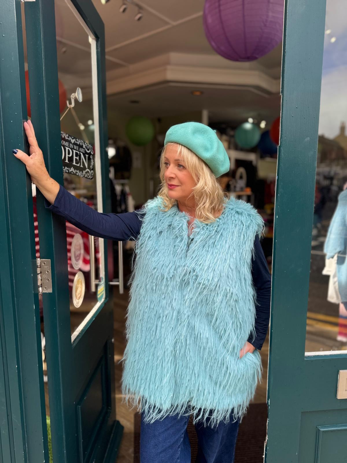 Shake A Tail Feather Shaggy Faux Fur Gilet - Magenta Winter White Or Duck Egg Blue