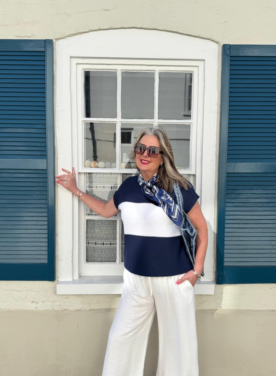 Sophie Sleeveless Navy & White Cotton Blend Jumper
