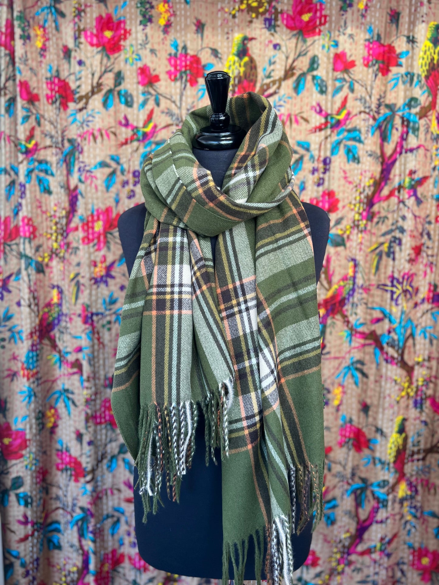 Checked Wool Mix Pashmina Scarf - Warm Khakis