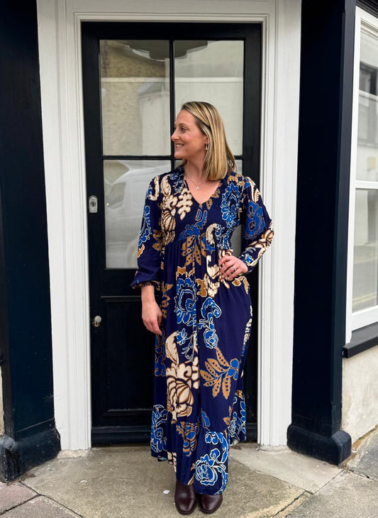 Shirred bodice maxi dress navy paisley